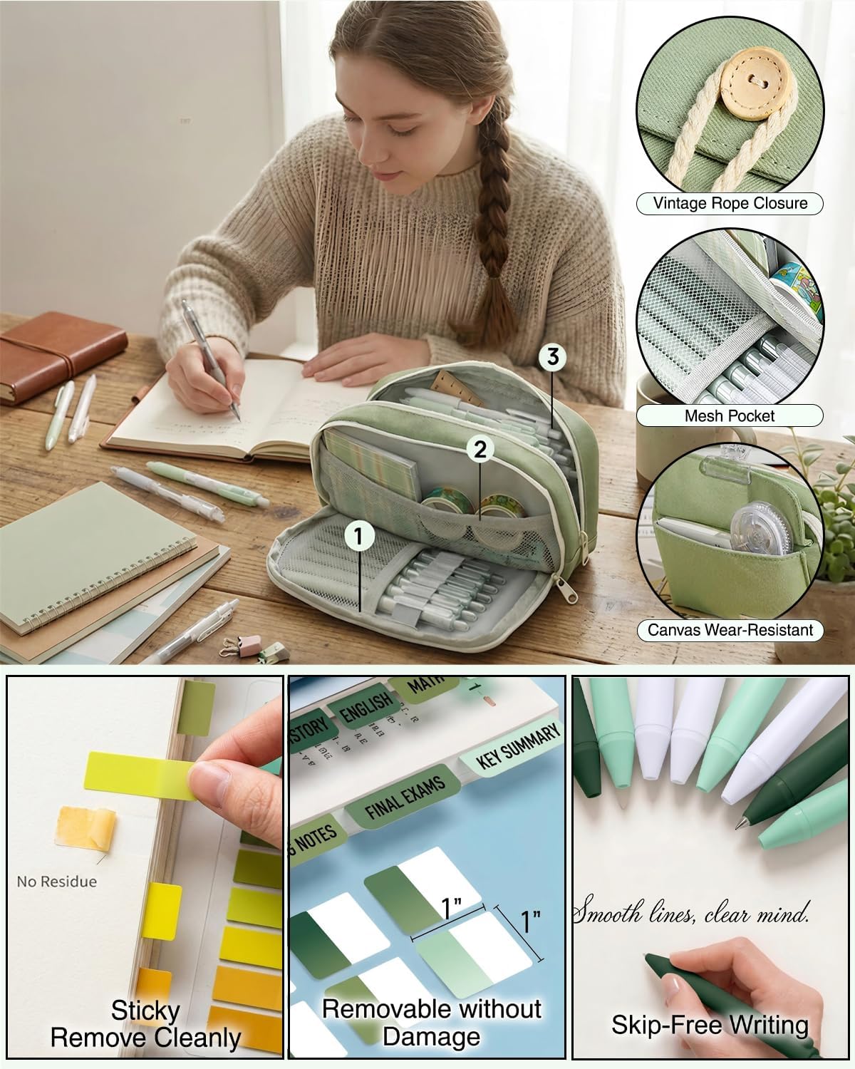 Green 42-Piece Stationery Set with 4-Compartment Case