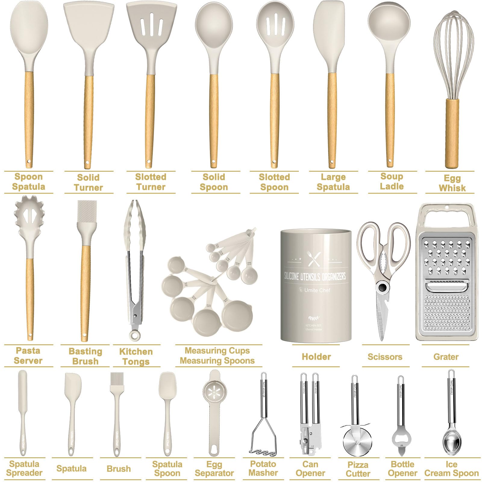 34-Piece Silicone Kitchen Utensils Set with Wooden Handles & Holder – BPA-Free Cooking Tools