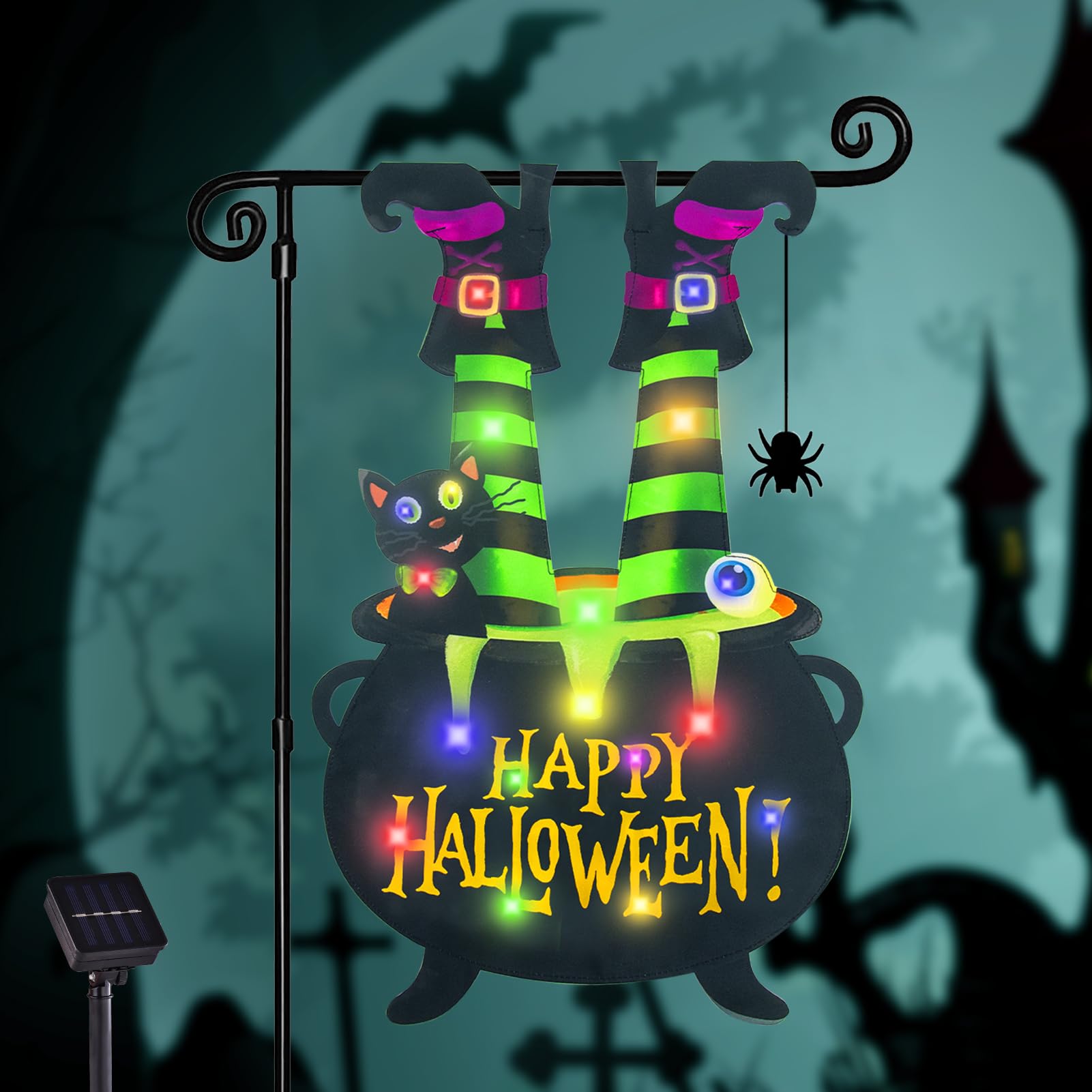 12x18 Halloween Garden Flag with Solar LED Lights – Multi-Colored Double-Sided Cat & Eyeball Cauldron Yard Decoration