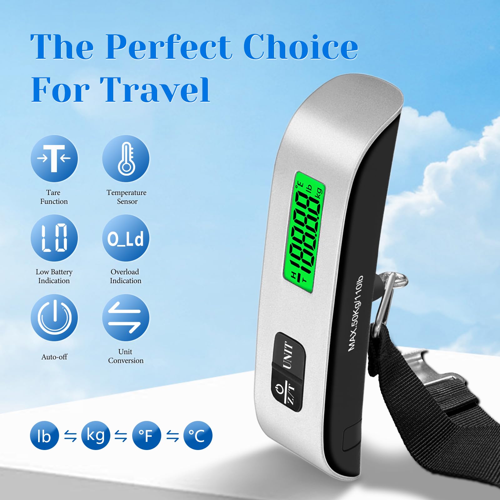 Digital Luggage Scale with LCD Display – Portable Travel Suitcase Weight Scale up to 110 lb with Backlight Screen