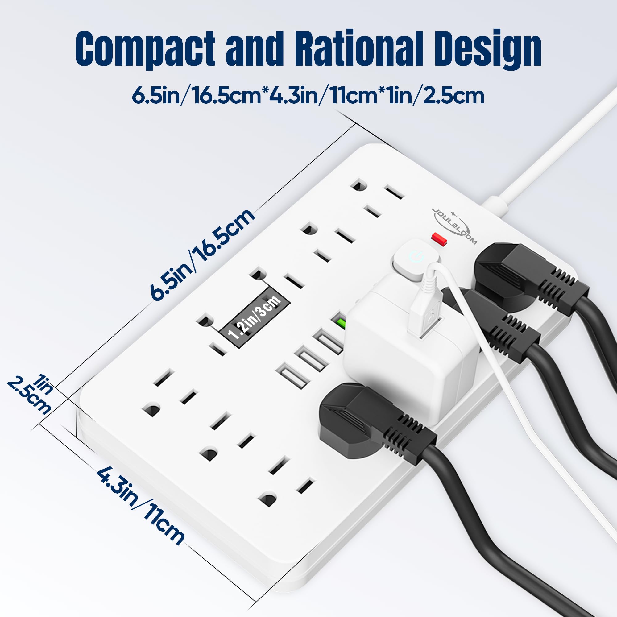 JouleLoom 17-in-1 Surge Protector Power Strip with 11 AC Outlets & USB-C Ports – Compact Flat Plug Extension Cord White