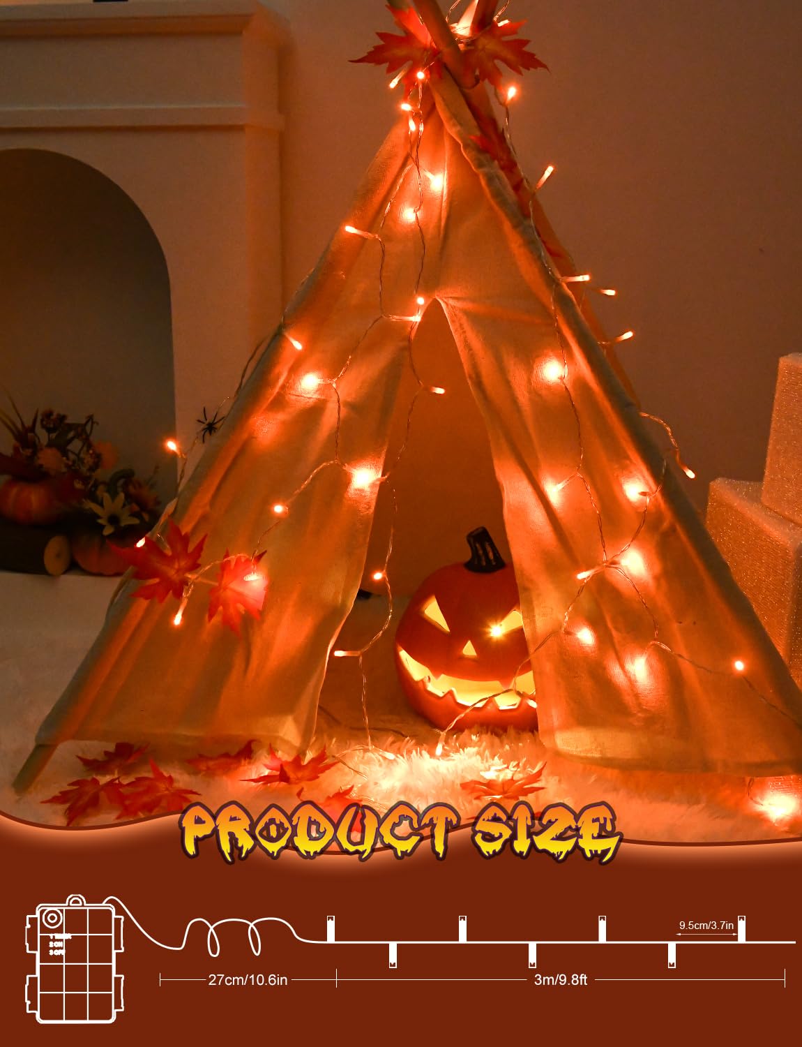 Battery Operated Halloween Lights – 30 LED 9.8ft Orange String Lights with Timer, Waterproof Indoor & Outdoor Decor