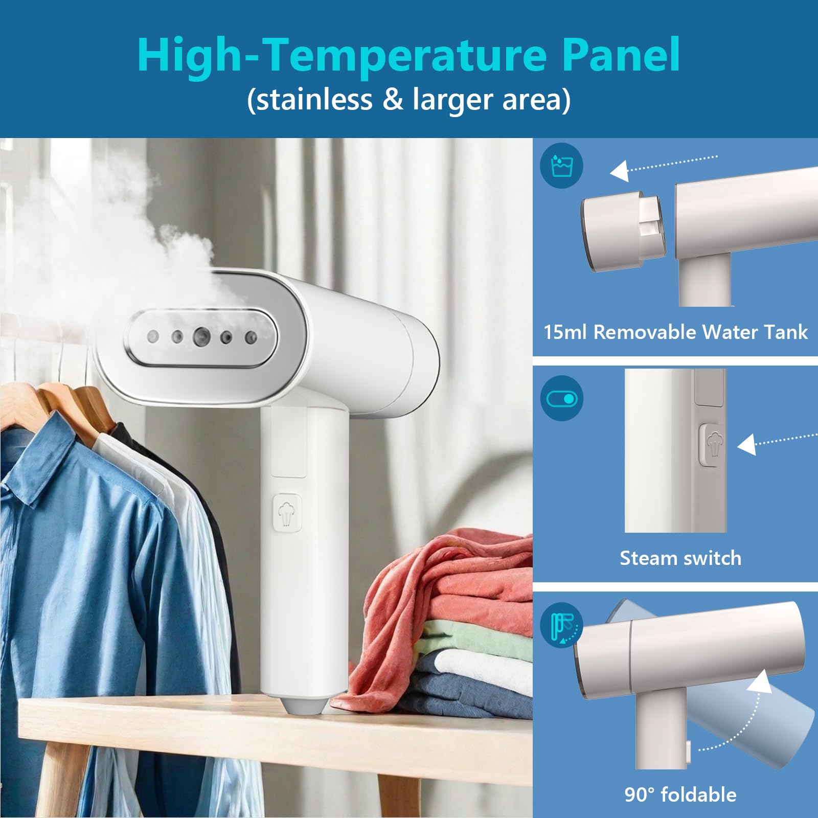 KEENSTAR Foldable Handheld Garment Steamer 1200W Fast Heat Portable Wrinkle Remover with Detachable Tank