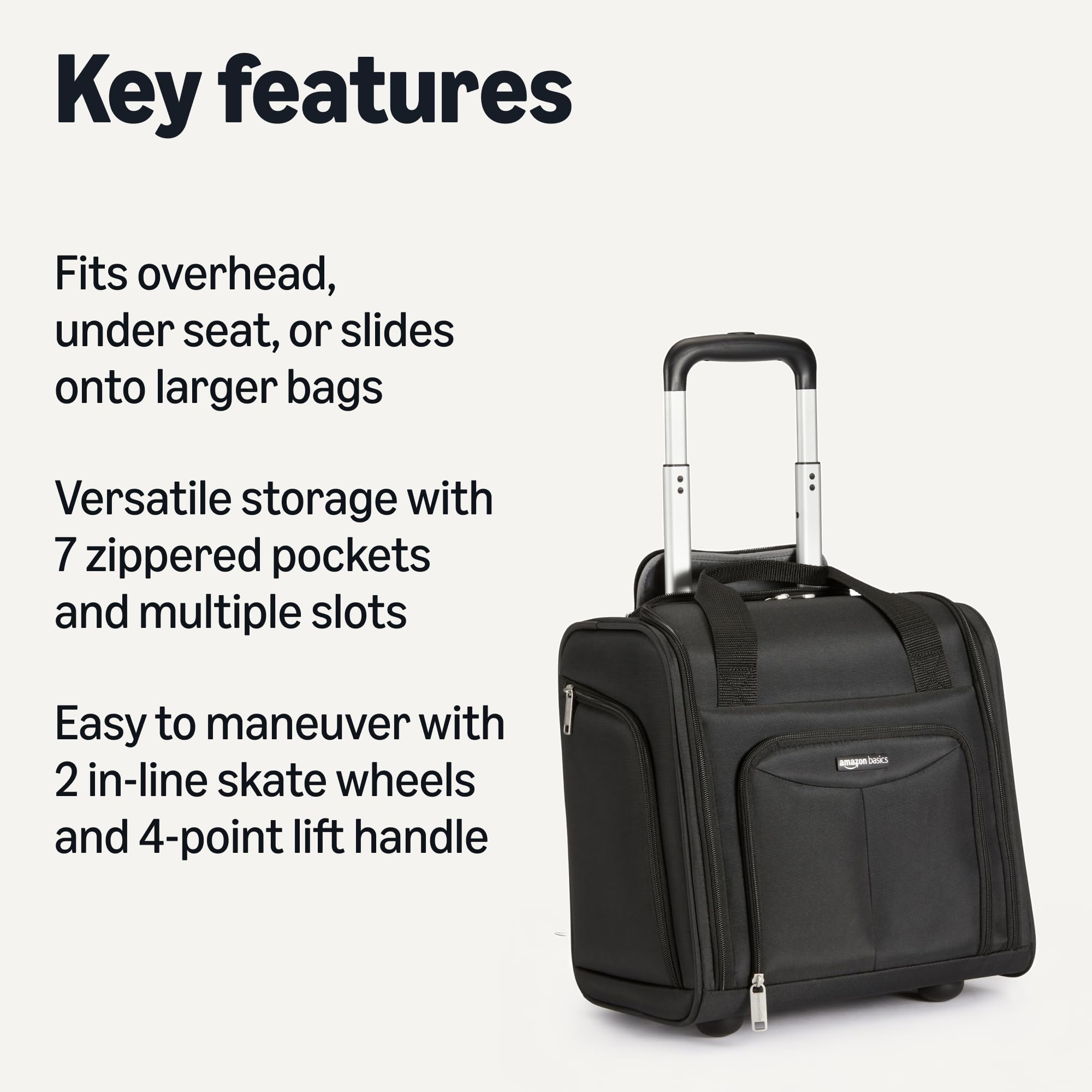 Amazon Basics 14-Inch Underseat Carry-On Luggage with Wheels – Compact Rolling Travel Bag, Black