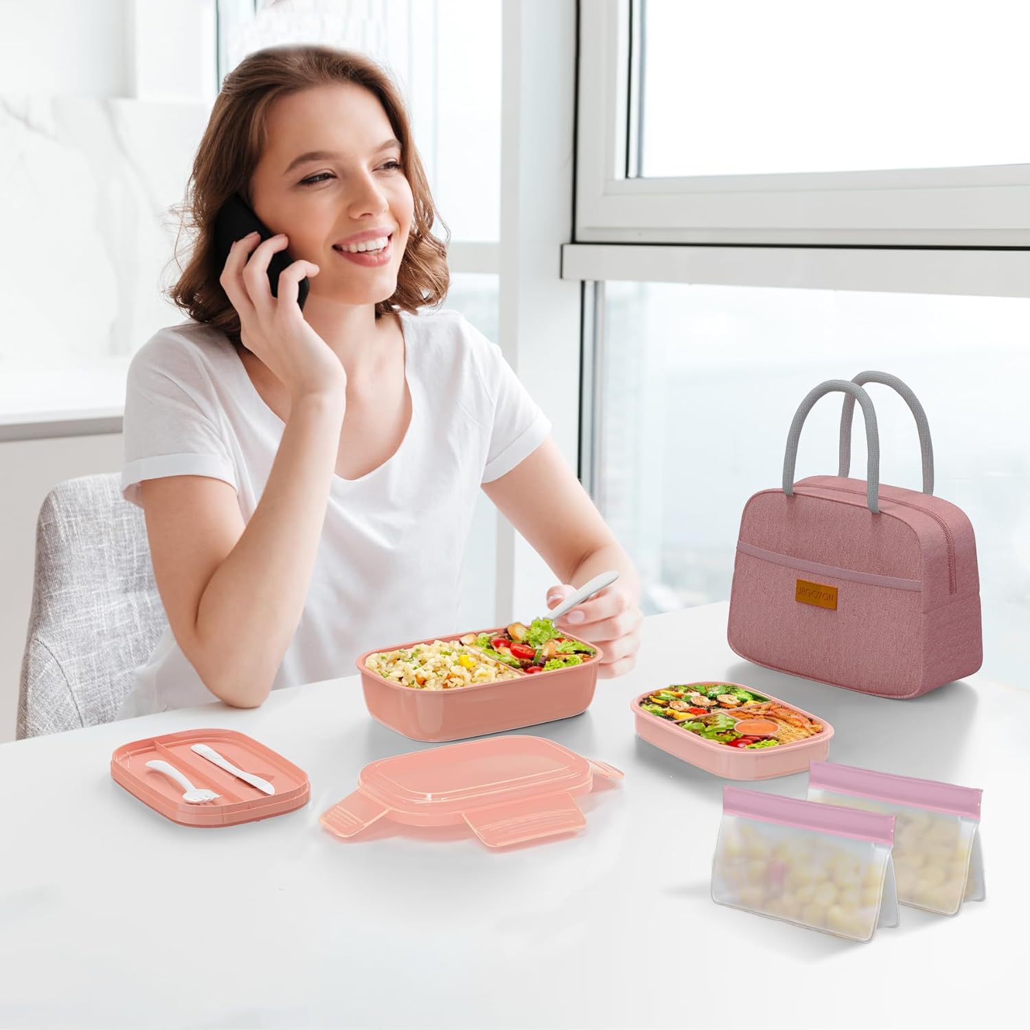 Pink 64 oz Stackable Bento Set with Insulated Lunch Bag