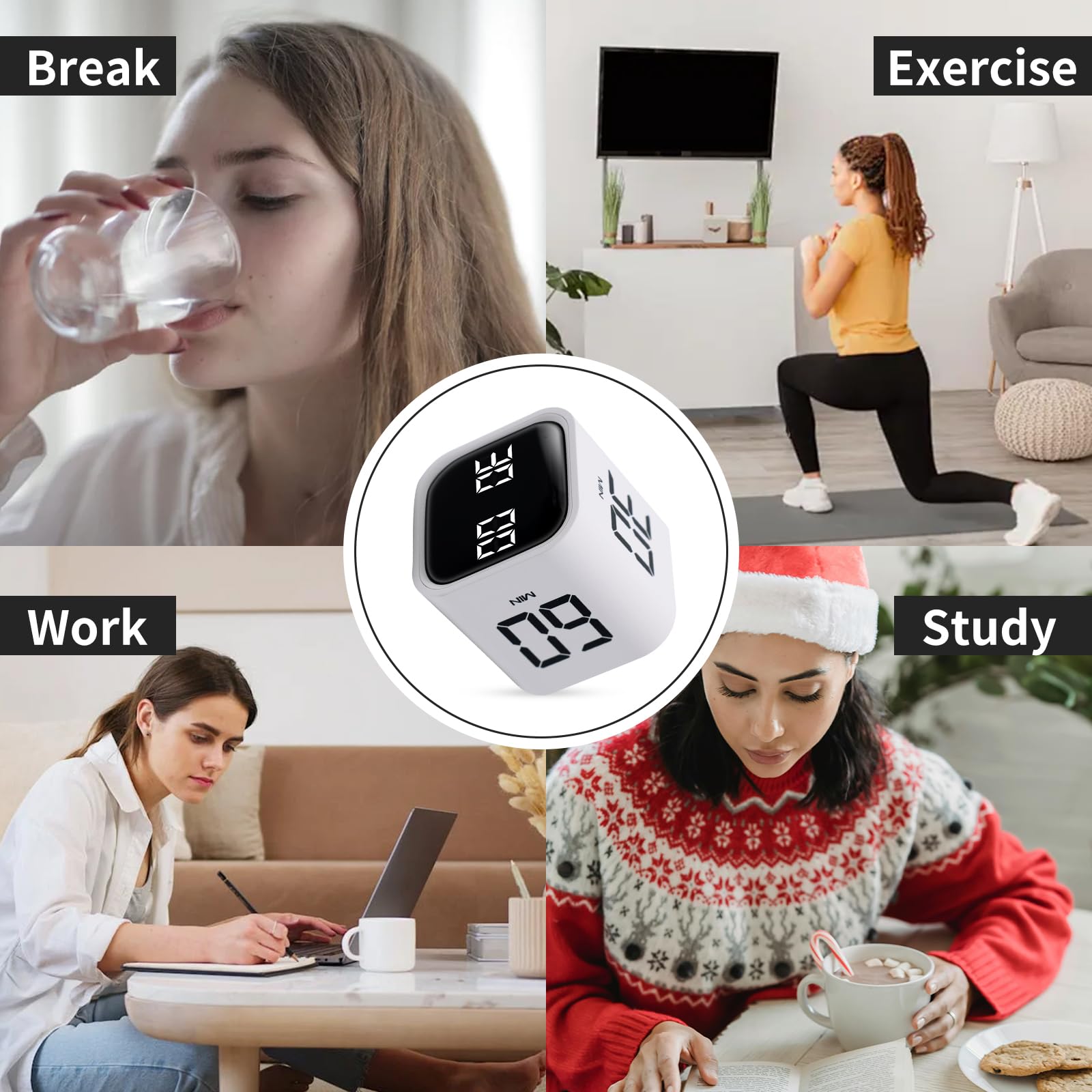 Productivity Timer Cube with Flip Control, Custom Countdown & Count-Up, Silent Vibration Desk Timer for Work, Study & Kitchen – White