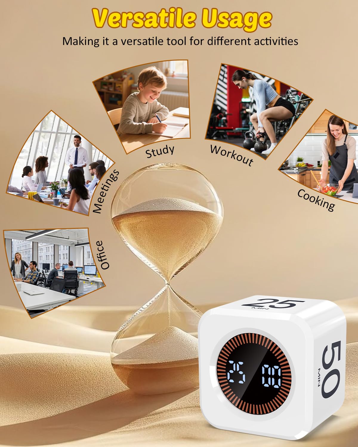 Kids-Friendly Flip Cube Pomodoro Timer with Visual LED Time Bars, Silent Mode & USB-C Rechargeable – White