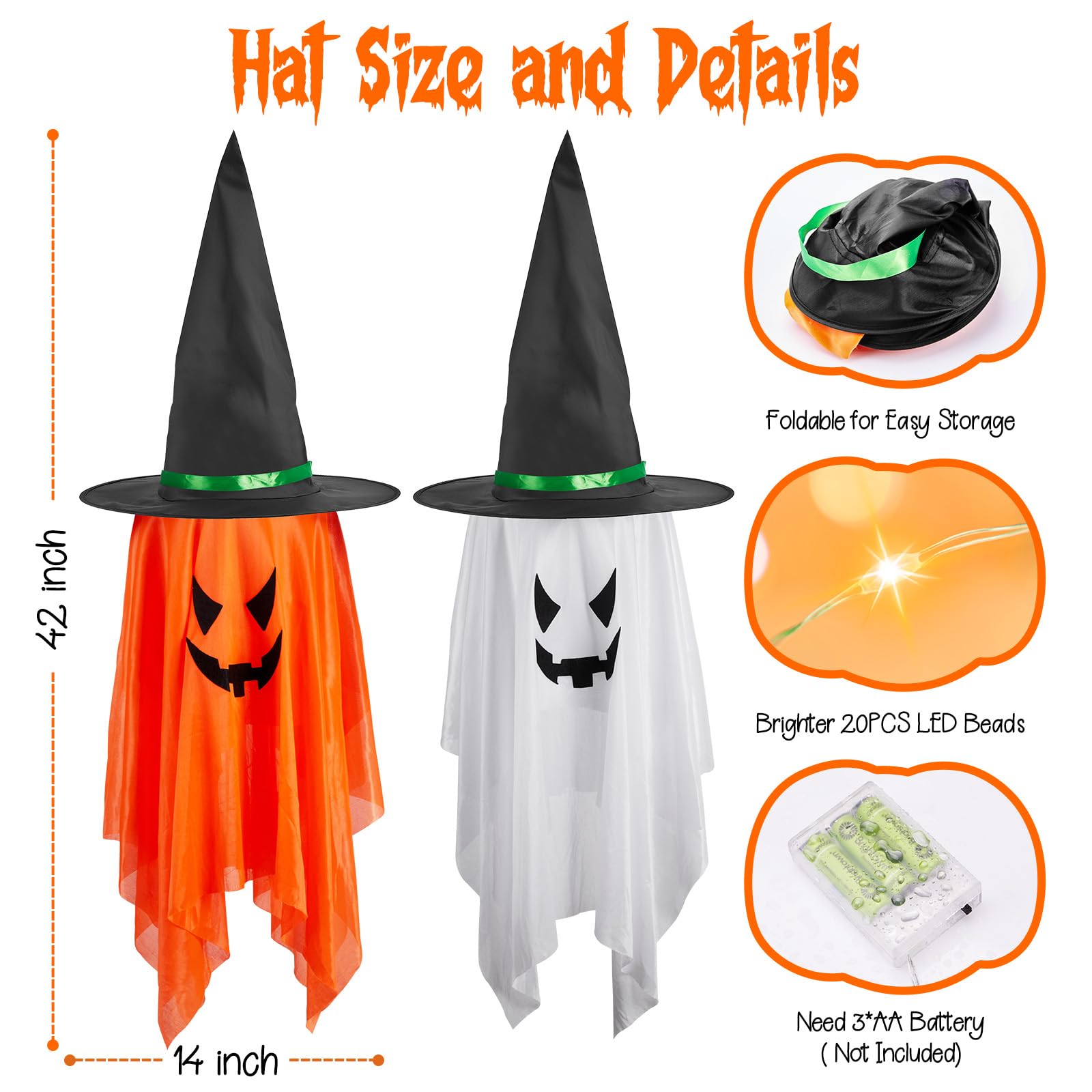 Lighted Hanging Witch Hats – 2-Pack Halloween Decorations with 20 LED Warm White Lights (Battery Operated, Indoor/Outdoor)
