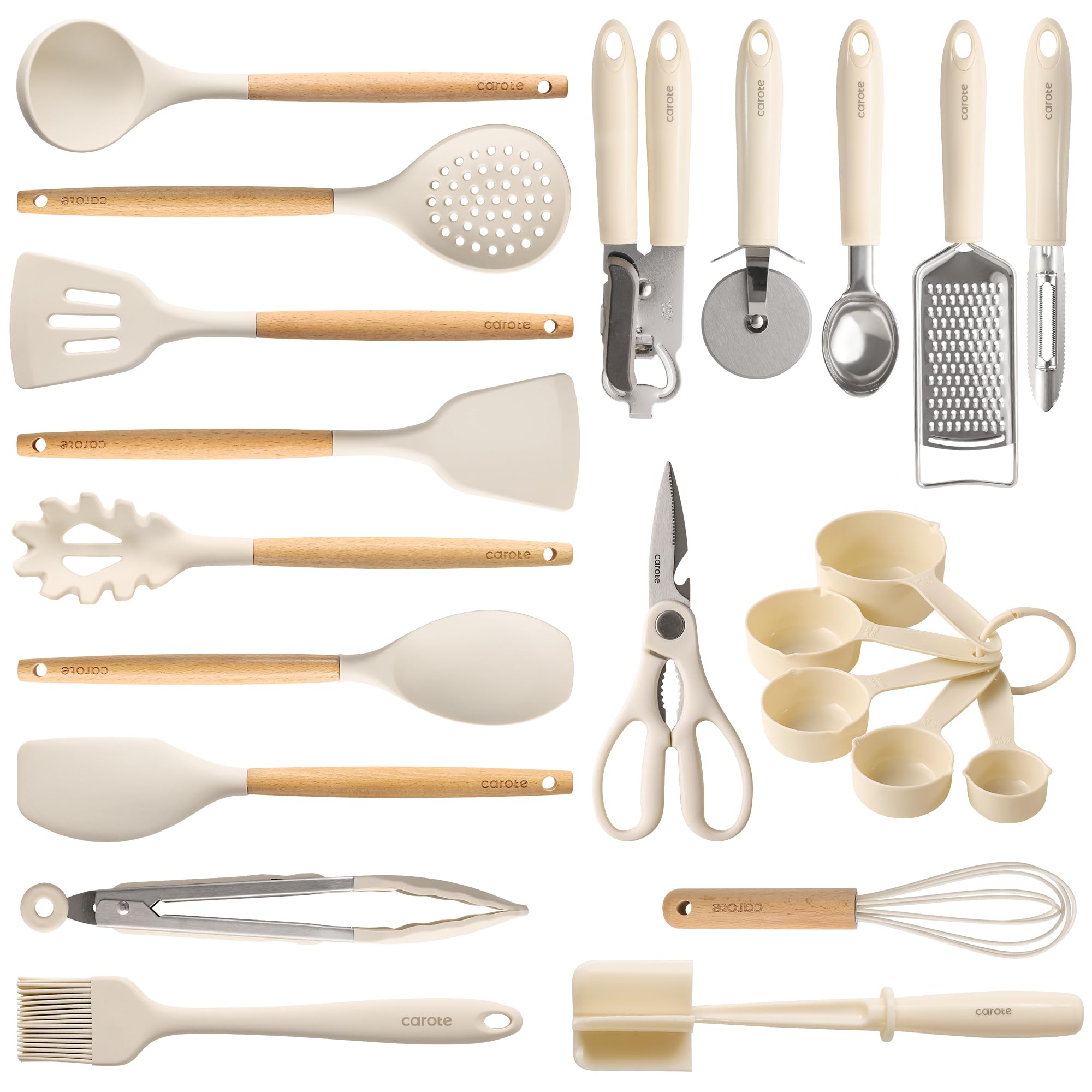 22-Piece Silicone Kitchen Utensil Set with Wooden Handles – Durable Core, Non-Stick Safe (Cream White)