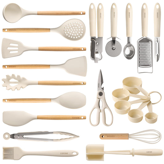 22-Piece Silicone Kitchen Utensil Set with Wooden Handles – Durable Core, Non-Stick Safe (Cream White)