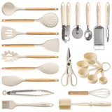 22-Piece Silicone Kitchen Utensil Set with Wooden Handles – Durable Core, Non-Stick Safe (Cream White)