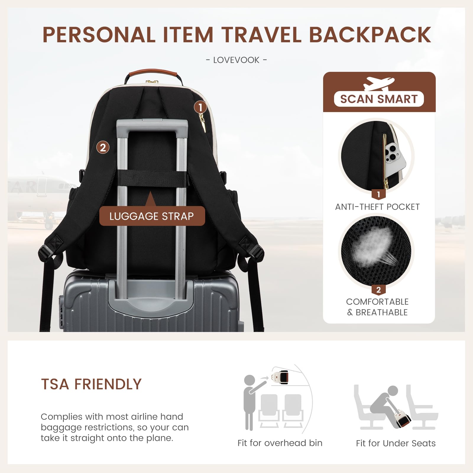 LOVEVOOK Women’s Laptop Backpack with Large Cup Pocket – Waterproof Work & Travel Backpack for 15.6″ Laptop (Beige Black Chestnut Brown)