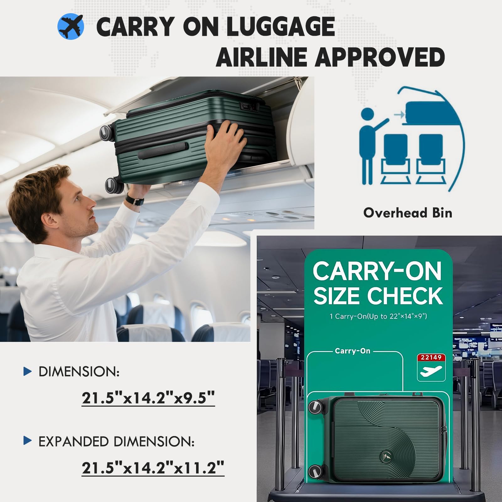 Rainsmore 20” Expandable Hardside Carry-On Luggage with Front Laptop Compartment, TSA Lock & Spinner Wheels (Green)