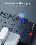 SUPERDANNY 28-in-1 Heavy Duty Surge Protector Power Strip with 22 Outlets & 6 USB Fast Charging Ports Flat Plug Extension Cord