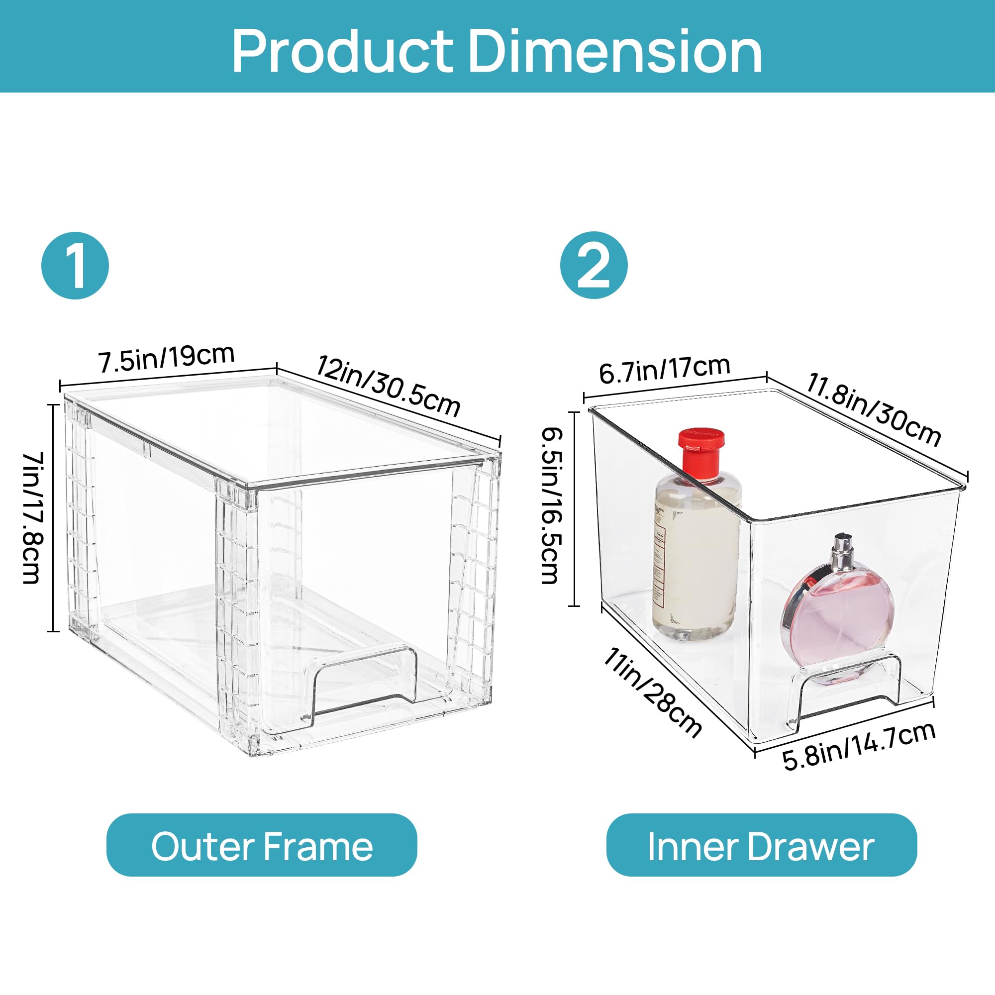 Clear Stackable Acrylic Drawer Organizer (4-Pack) – Pull-Out Storage Bins for Pantry, Bathroom & Cabinets