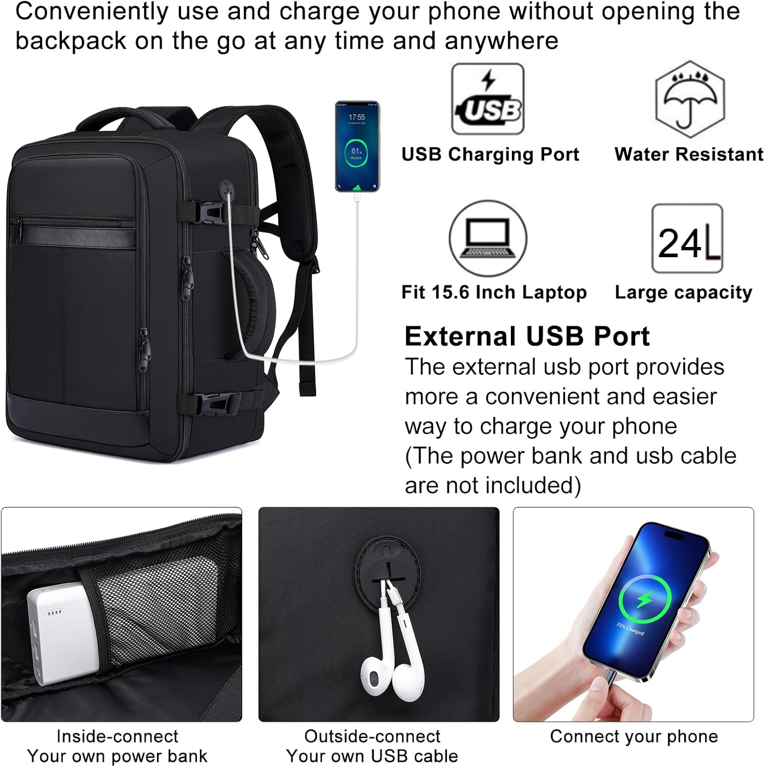 25L Airplane-Approved Travel Backpack with Shoe Pouch & 15.6-Inch Laptop Compartment