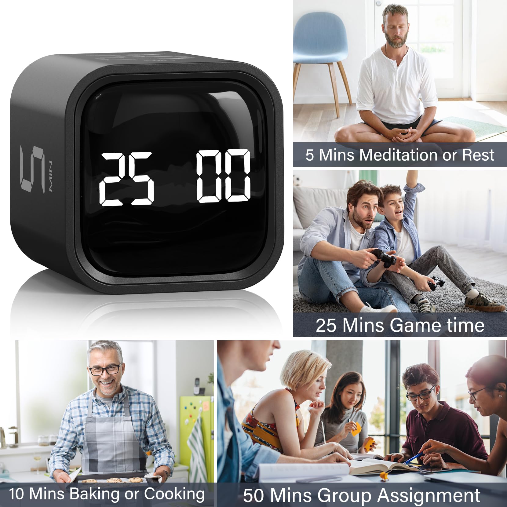 Rotating Pomodoro Timer Cube 2-Pack with Gravity Sensor, Preset 5/10/25/50 Min, Custom Countdown & Stopwatch, Silent Vibration Desk Timer for Work, Study & Kitchen – Black