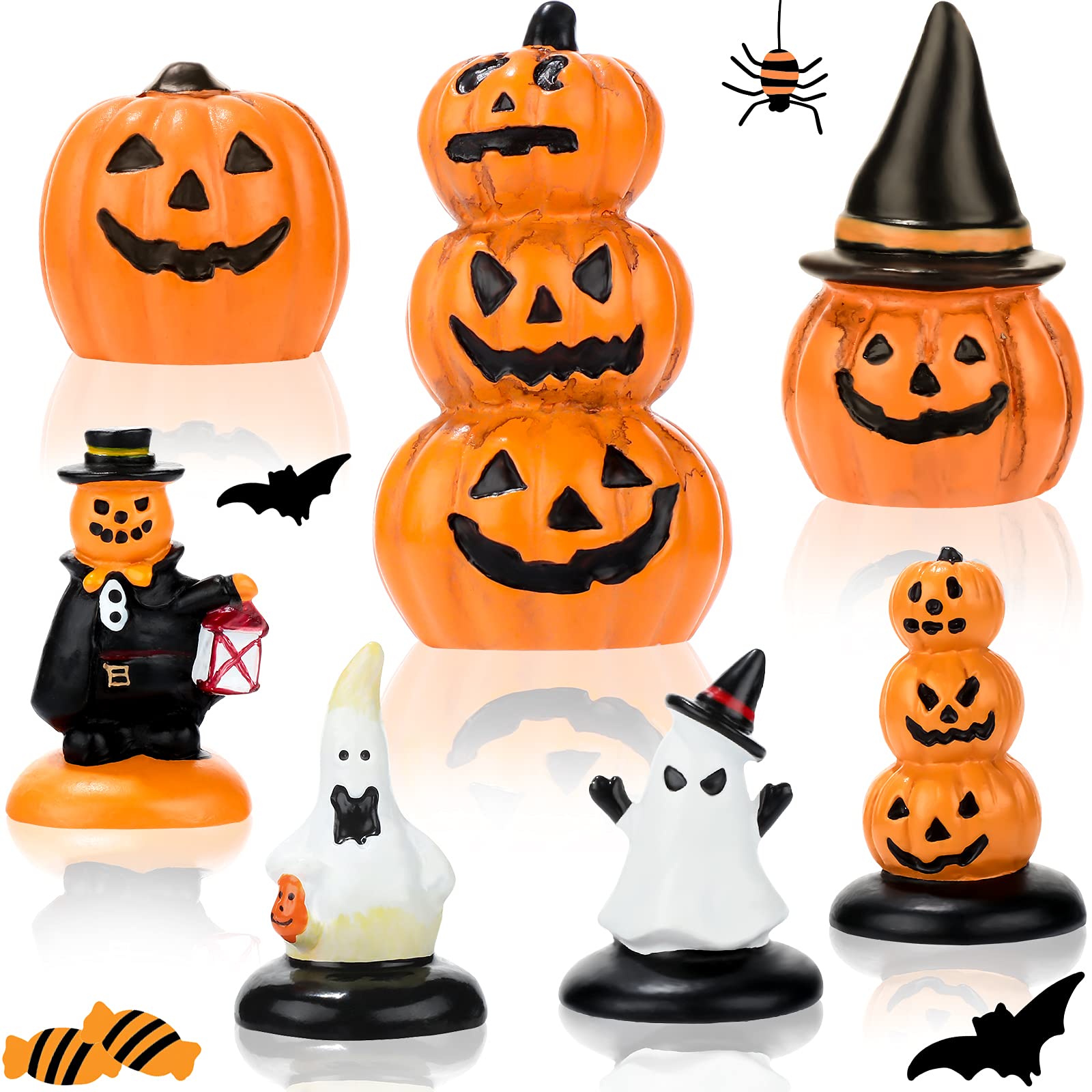 Mini Halloween Pumpkin & Ghost Figurines Set – 7 Resin Garden Ornaments for Table, Cake & DIY Decor