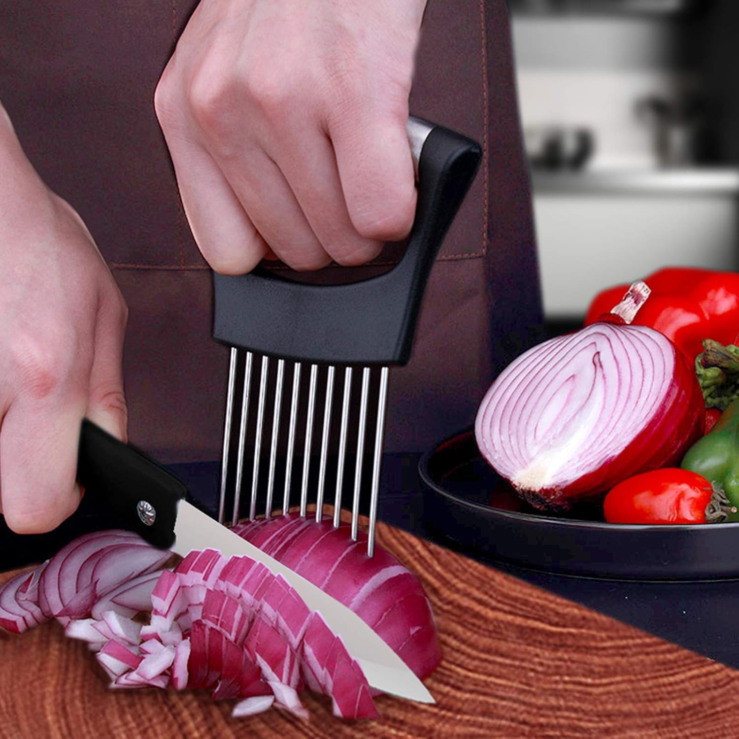 Ergonomic Stainless Steel Onion & Vegetable Holder Slicing Cutter Tool