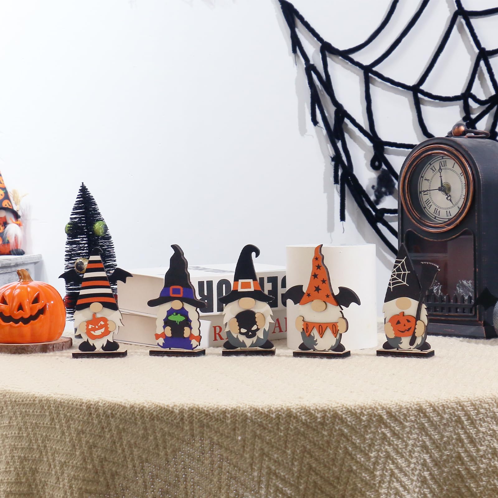 Set of 5 Halloween Gnome Table Decorations – Black, White, Blue & Orange Wooden Figurines for Festive Decor