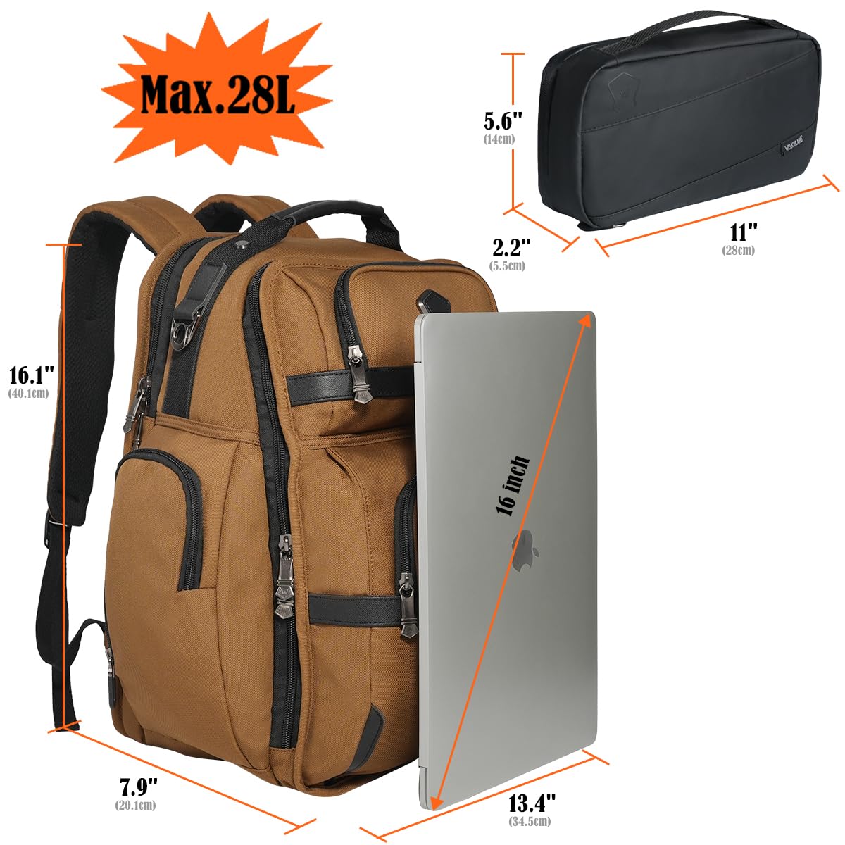 Welkinland 24-Hour Executive Business Backpack with Toiletry Bag – 28L Carry-On Laptop Backpack for 16″ Devices