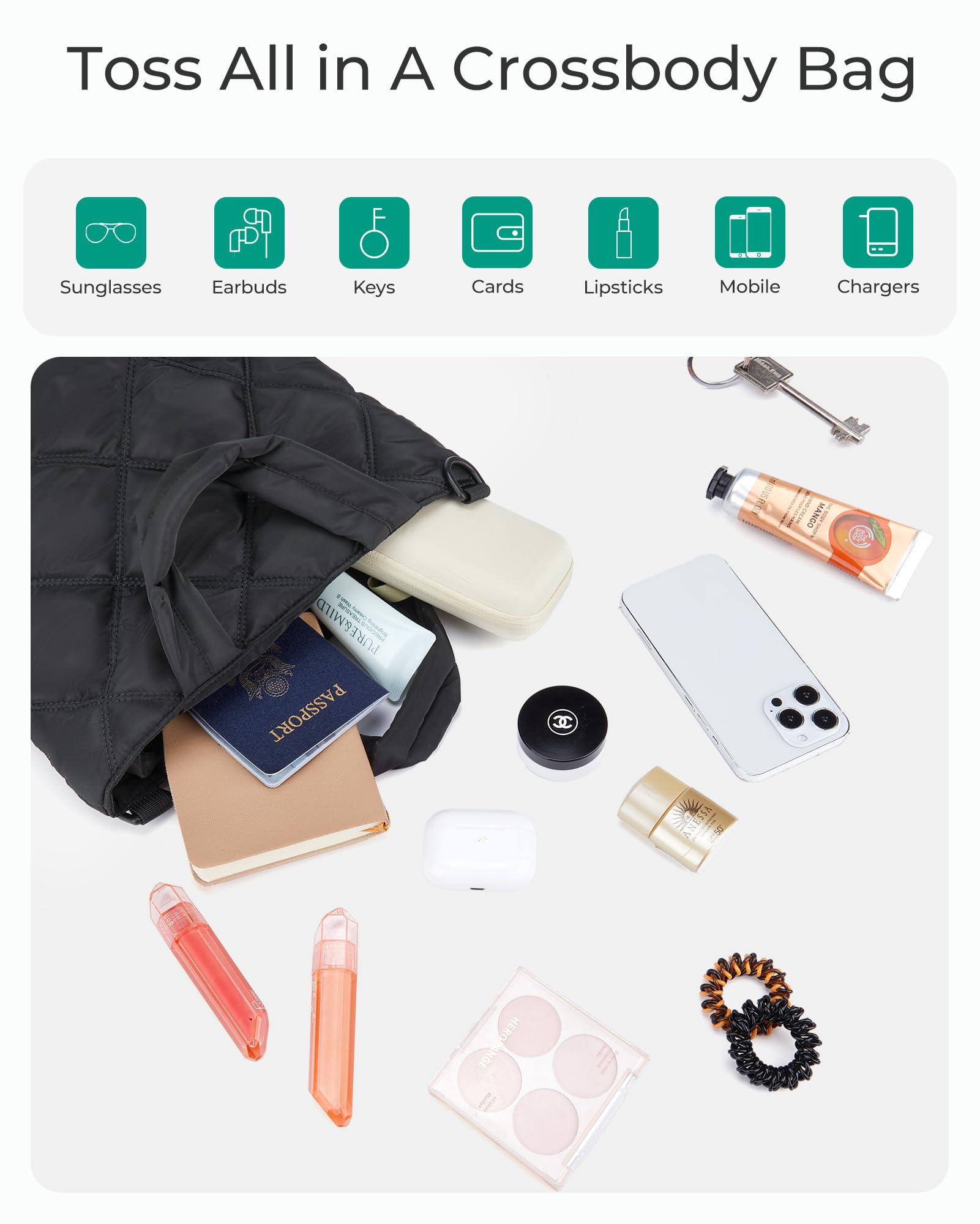 BAGSMART Mini Puffy Crossbody Bag for Women – Lightweight Small Travel Purse with Card Slots & Pockets (Black)