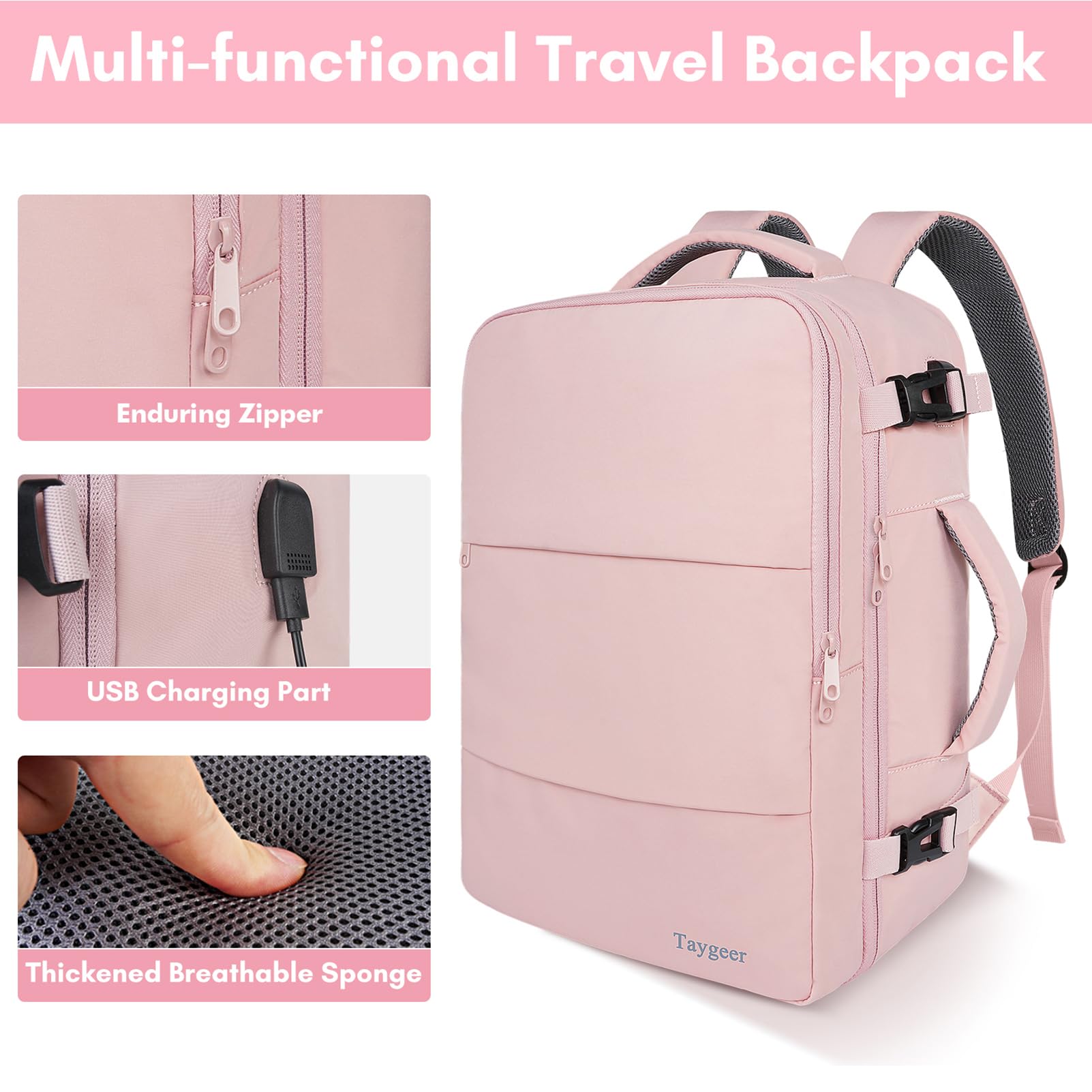 TAYGEER Women’s Carry-On Travel Backpack with USB Port & Shoe Compartment – TSA Approved – Amour Pink
