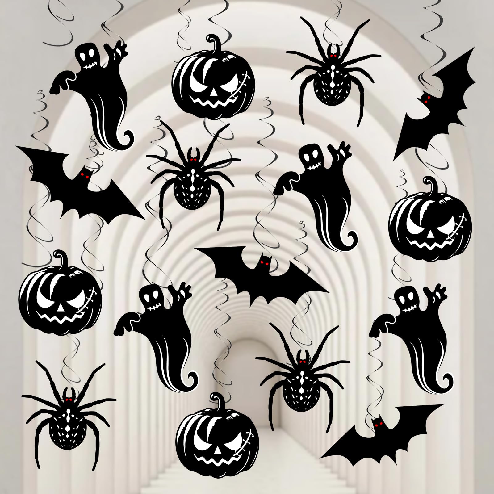 Halloween Hanging Swirl Decorations – 32-Piece Black & White Party Set with Pumpkins, Ghosts, Bats & Spiders
