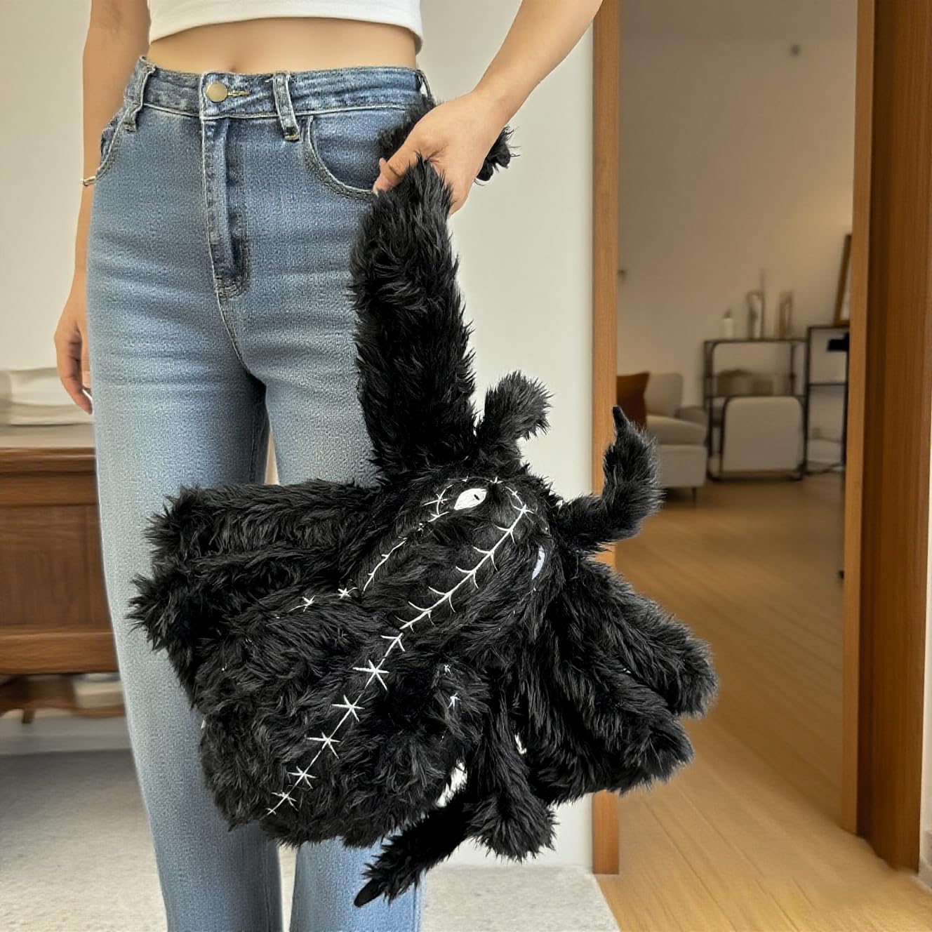 Oversized Black Spider Plush – 34" Halloween Stuffed Decoration with Furry Legs & Embroidered Eyes – Giant Soft Halloween Prop