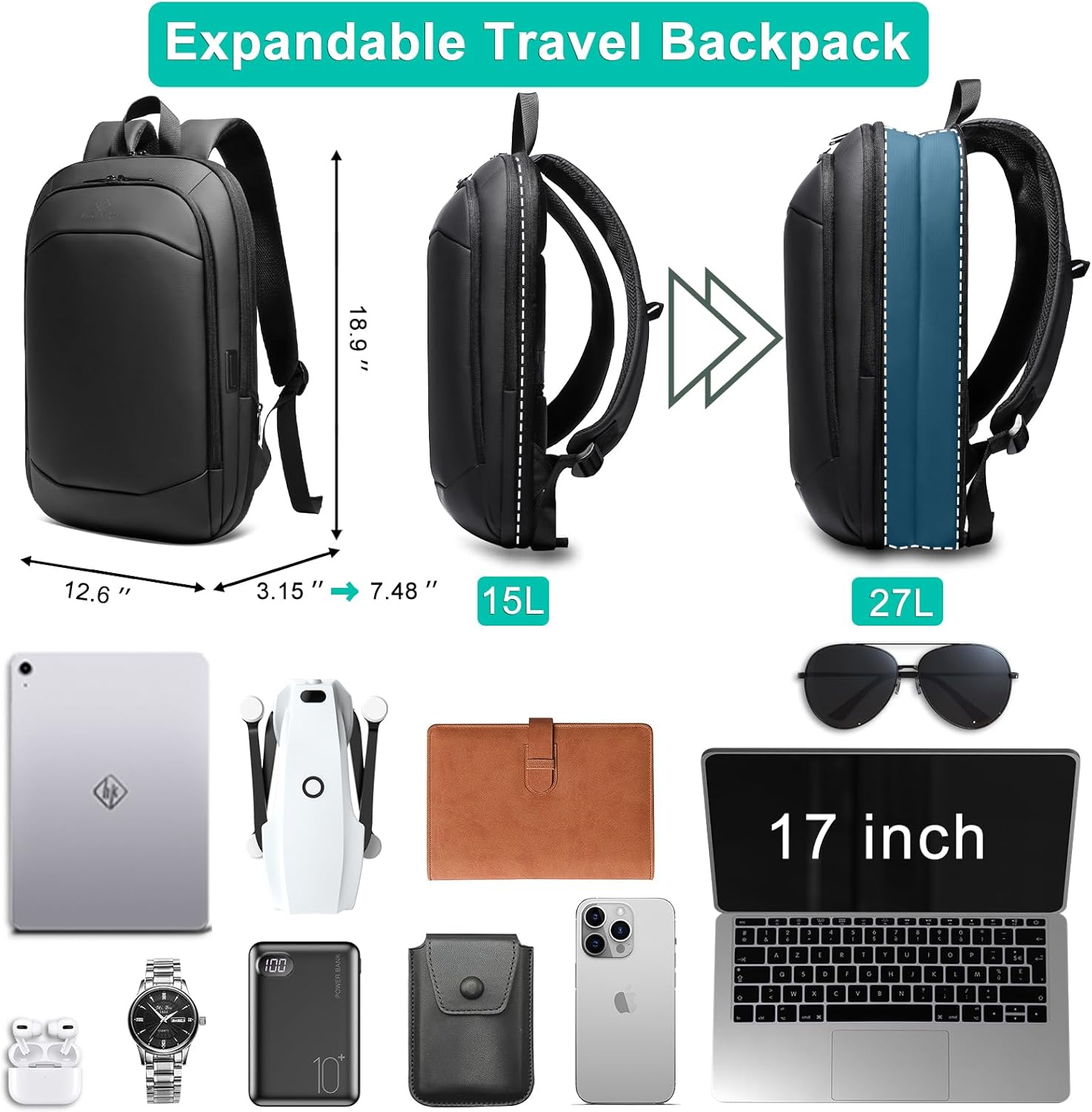 Premium 17-Inch Expandable Business Laptop Backpack for Men | Waterproof Travel Bag with USB Port & Anti-Theft Pocket