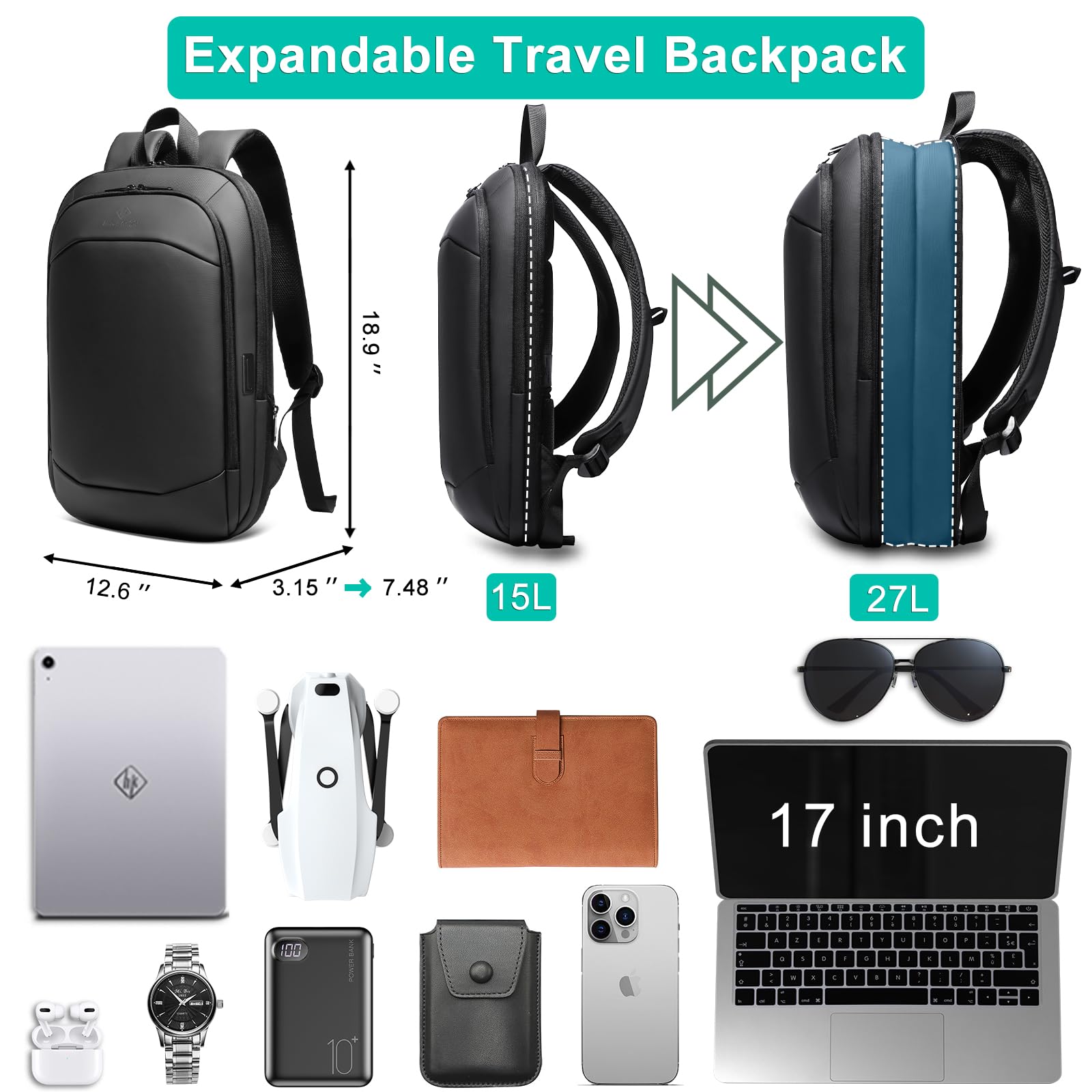 17″ Slim Expandable Business Laptop Backpack with USB Charging Port – Waterproof & Anti-Theft Travel Backpack (Black)