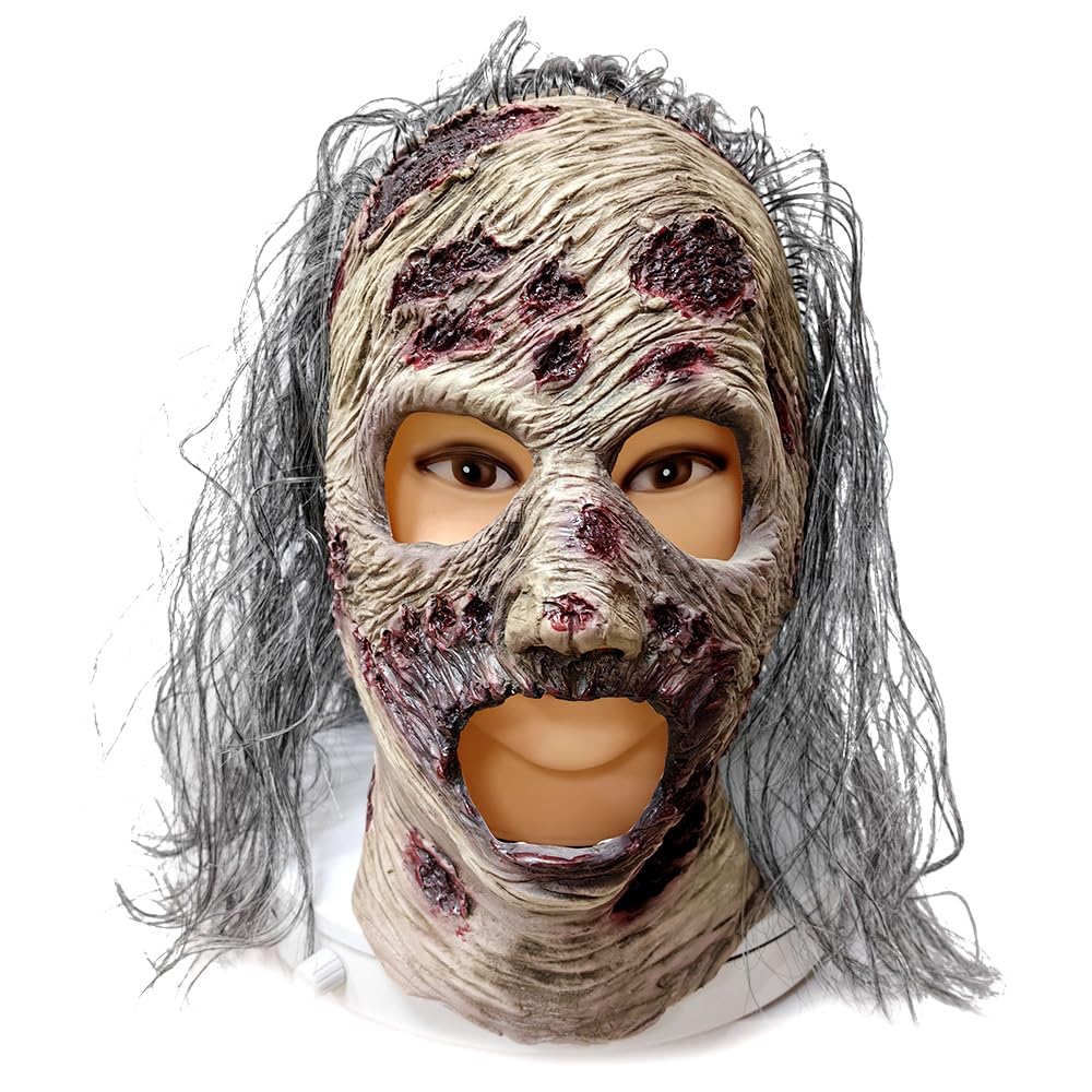 Grey Realistic Zombie Mask – Latex Horror Mask with Purple Hair & Open-Mouth Design 🧟‍♂️💀