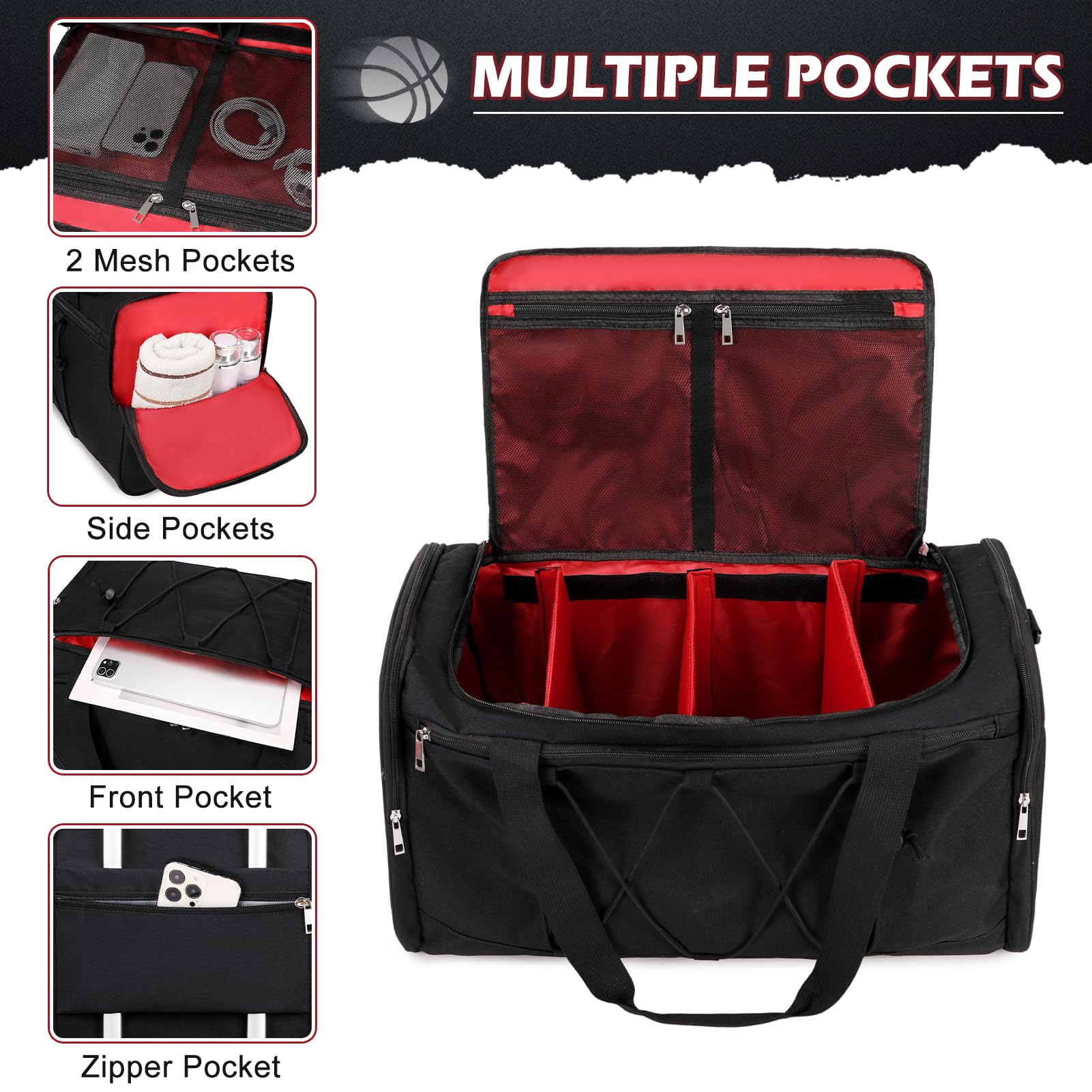 Sneaker Travel Bag for 4 Pairs – Waterproof Shoe Duffle with Adjustable Dividers & Shoulder Strap (Black)