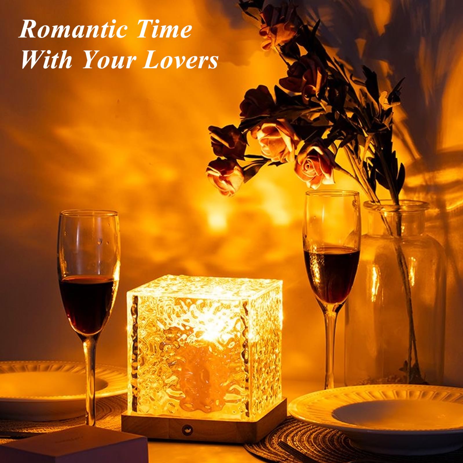 16-Color Ocean Wave Light Projector Cube with Wooden Base – Romantic Crystal Night Light (Ocean Wave Edition)