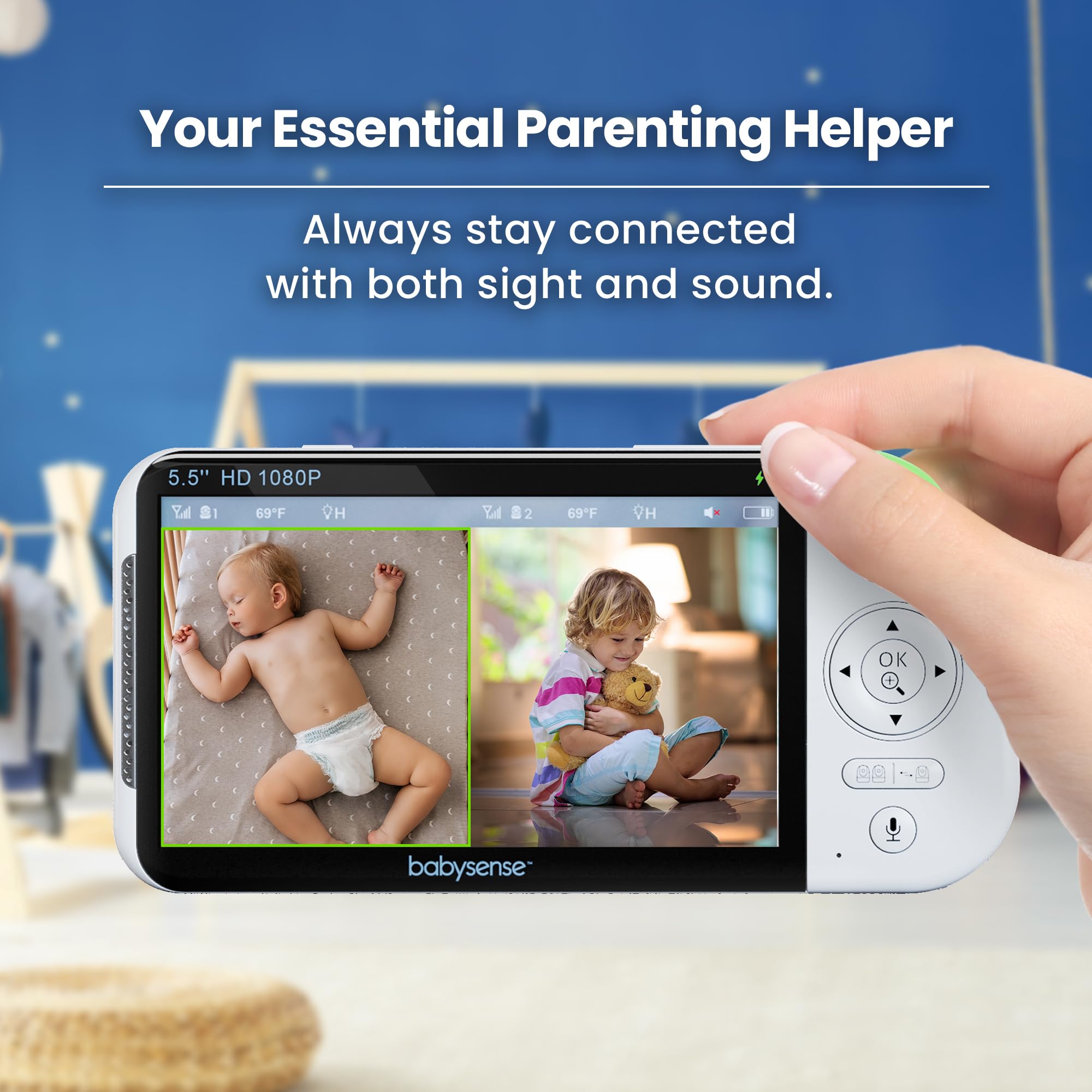 Full HD Baby Monitor with 5.5" Screen & Split-Screen Cameras – Secure Non-WiFi Video Baby Monitor with Night Light