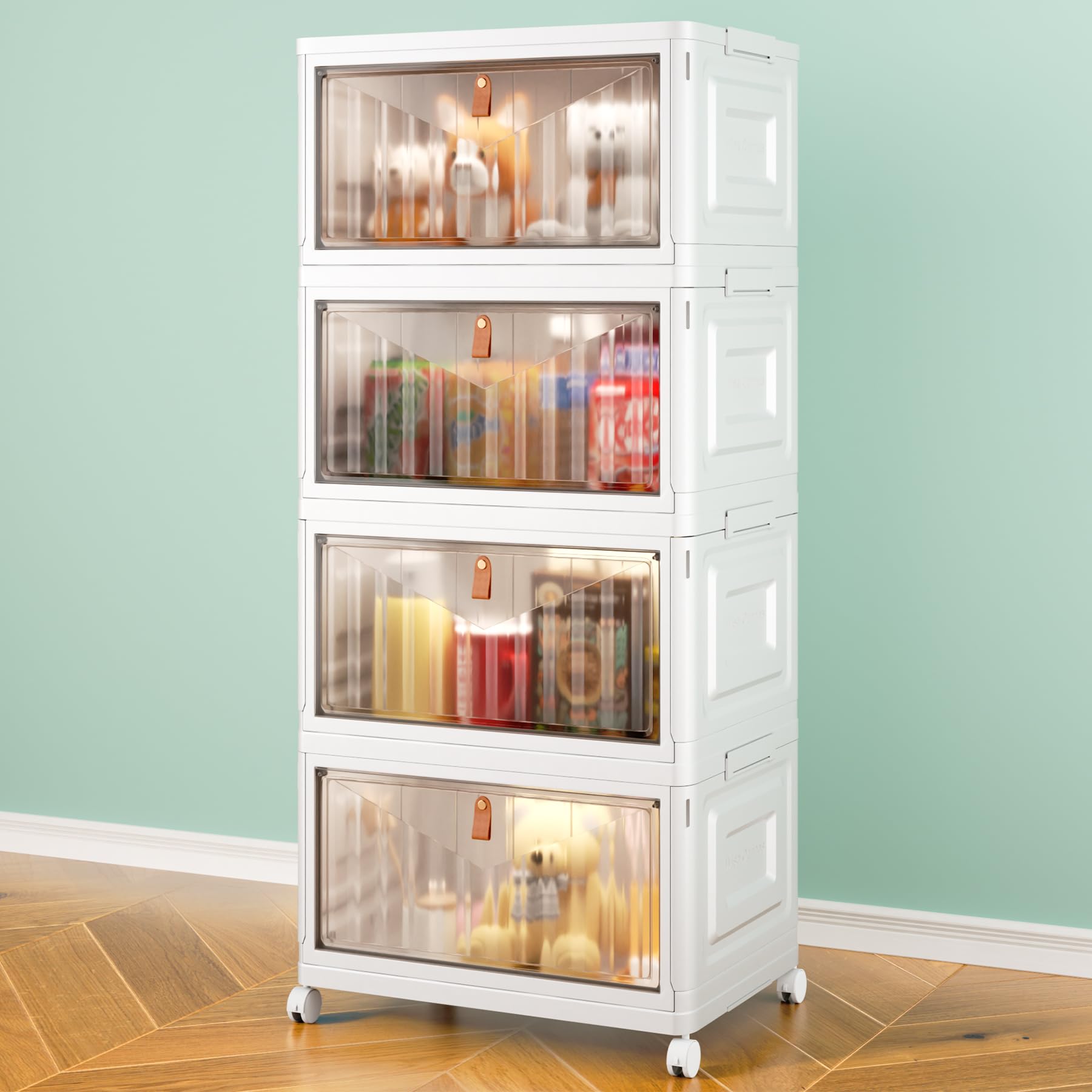 4-Tier Modular Storage Bins with Lids & Wheels – 23QT Foldable Plastic Organizer Drawers, White