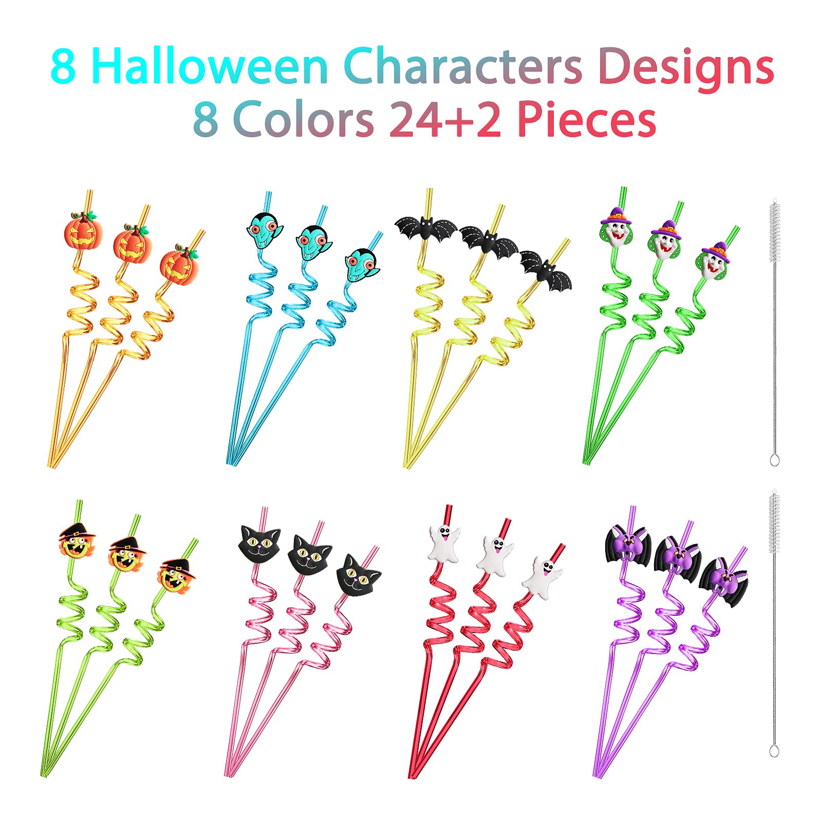 24PCS Halloween Curly Straws – Reusable Multicolor Party Straws with Bats, Ghosts, Cats, Pumpkin, Witch & Spider Patterns