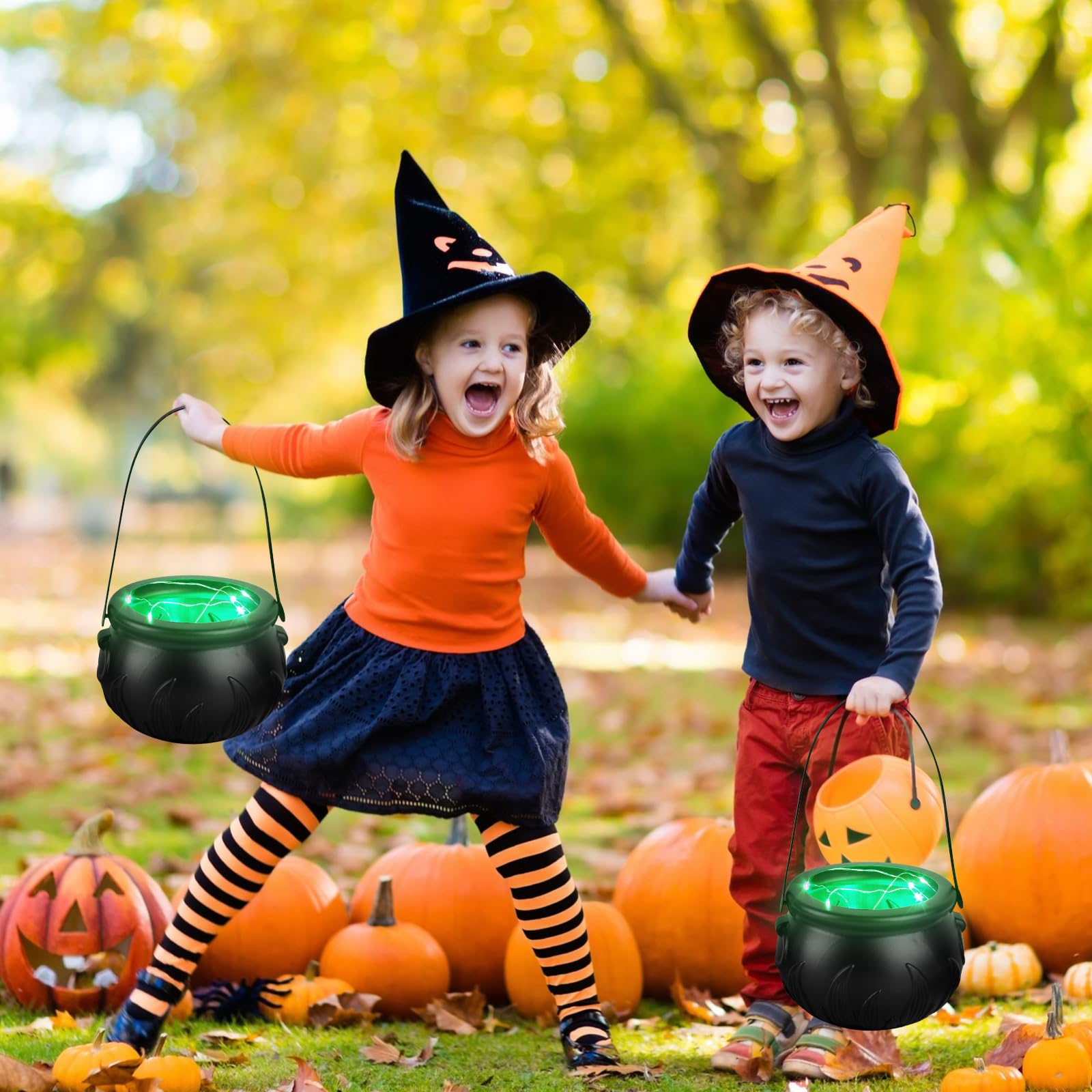 Witch Cauldron Candy Bowl with Light & Stand – 8” Black Halloween Pot Decoration