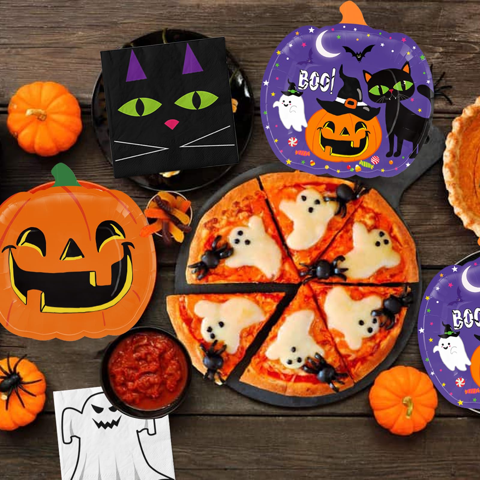 Halloween Party Tableware Set – 72 Pcs Pumpkin Plates, Cups & Napkins with Ghost & Cat Designs, Disposable Party Supplies