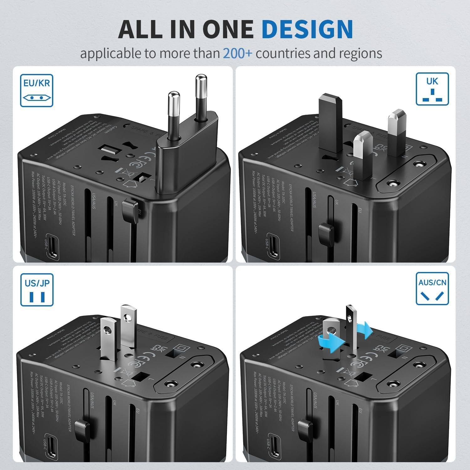 EPICKA Universal Travel Adapter – Worldwide Plug Adapter with 3 USB-C & 2 USB-A Ports (Black)