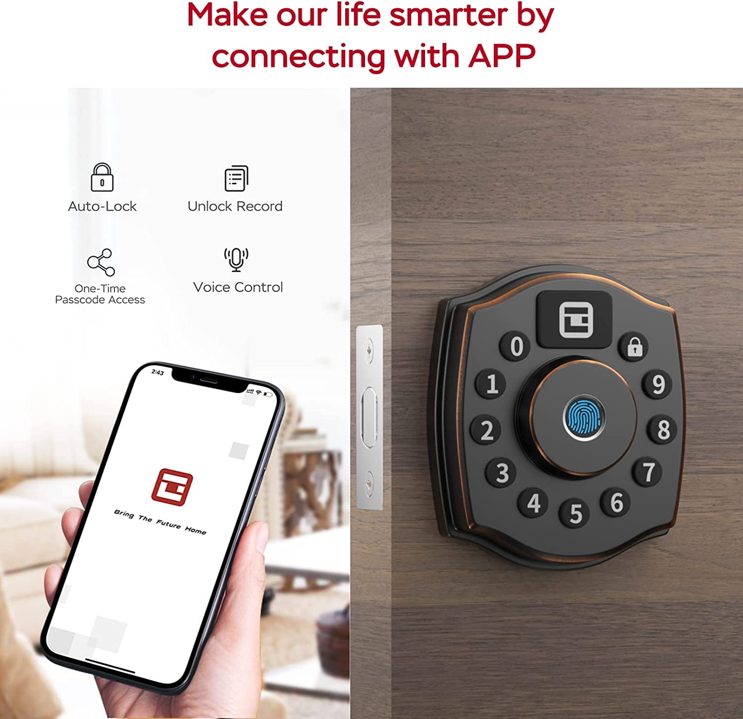 5-in-1 Smart Fingerprint Door Lock with Keypad, Bluetooth App & IC Card Access, Weatherproof Digital Deadbolt for Front Door Security