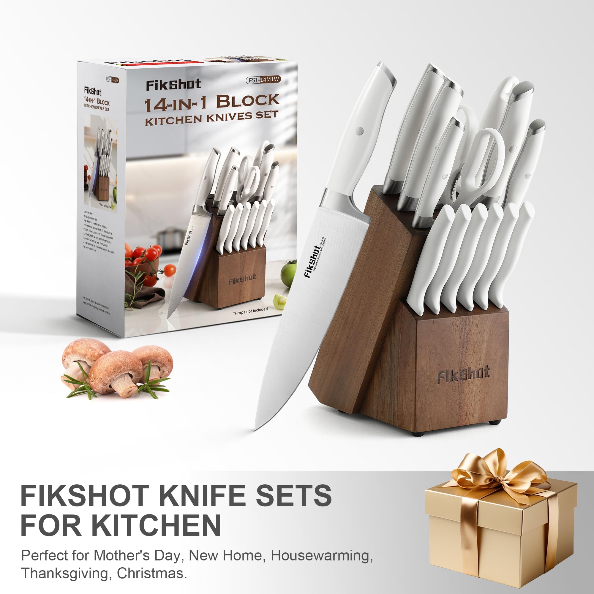14-Piece Kitchen Knife Block Set with Built-In Sharpener – High-Carbon Stainless Steel (White)