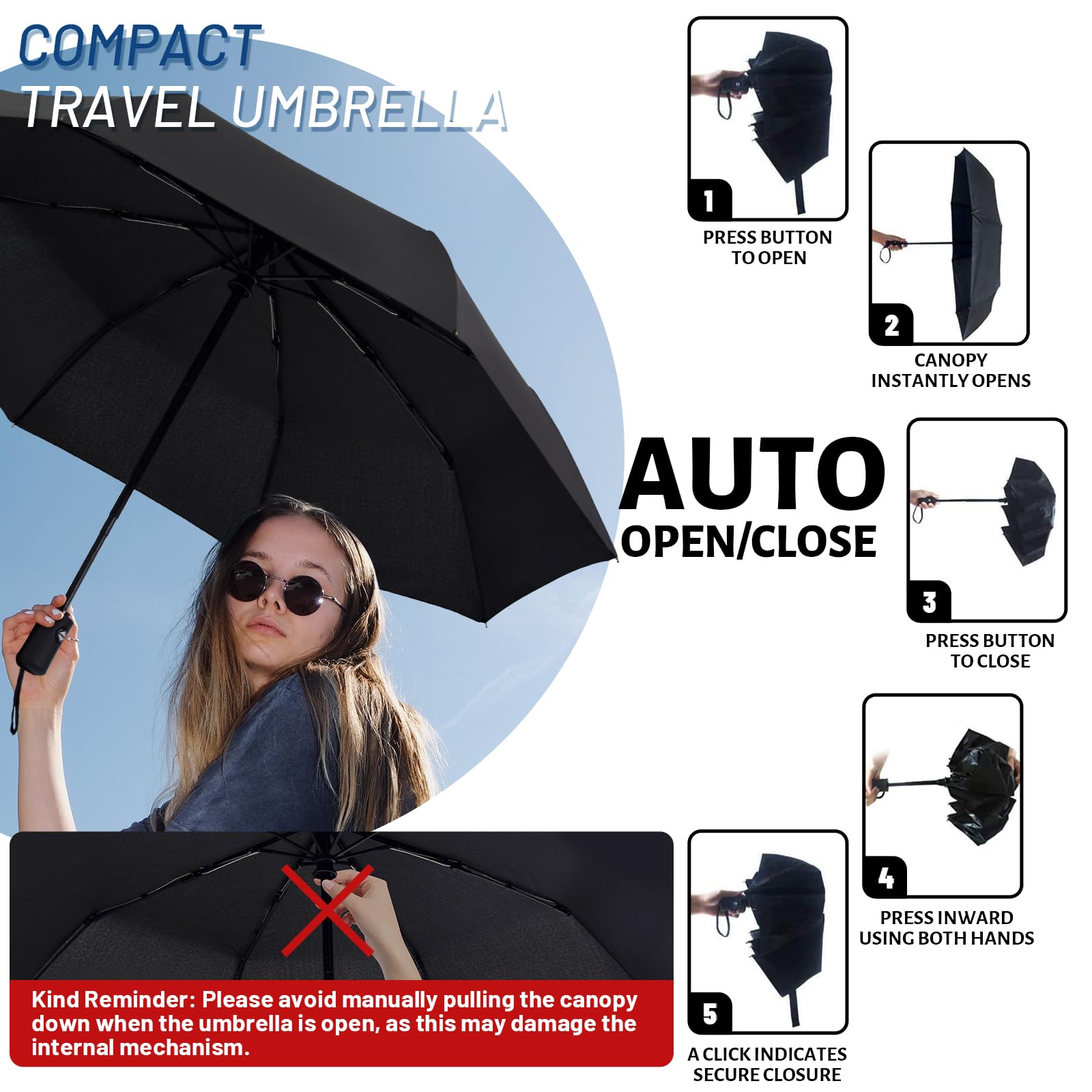 Compact Automatic Windproof Travel Umbrella – Waterproof UV Protection Folding Umbrella (Black)