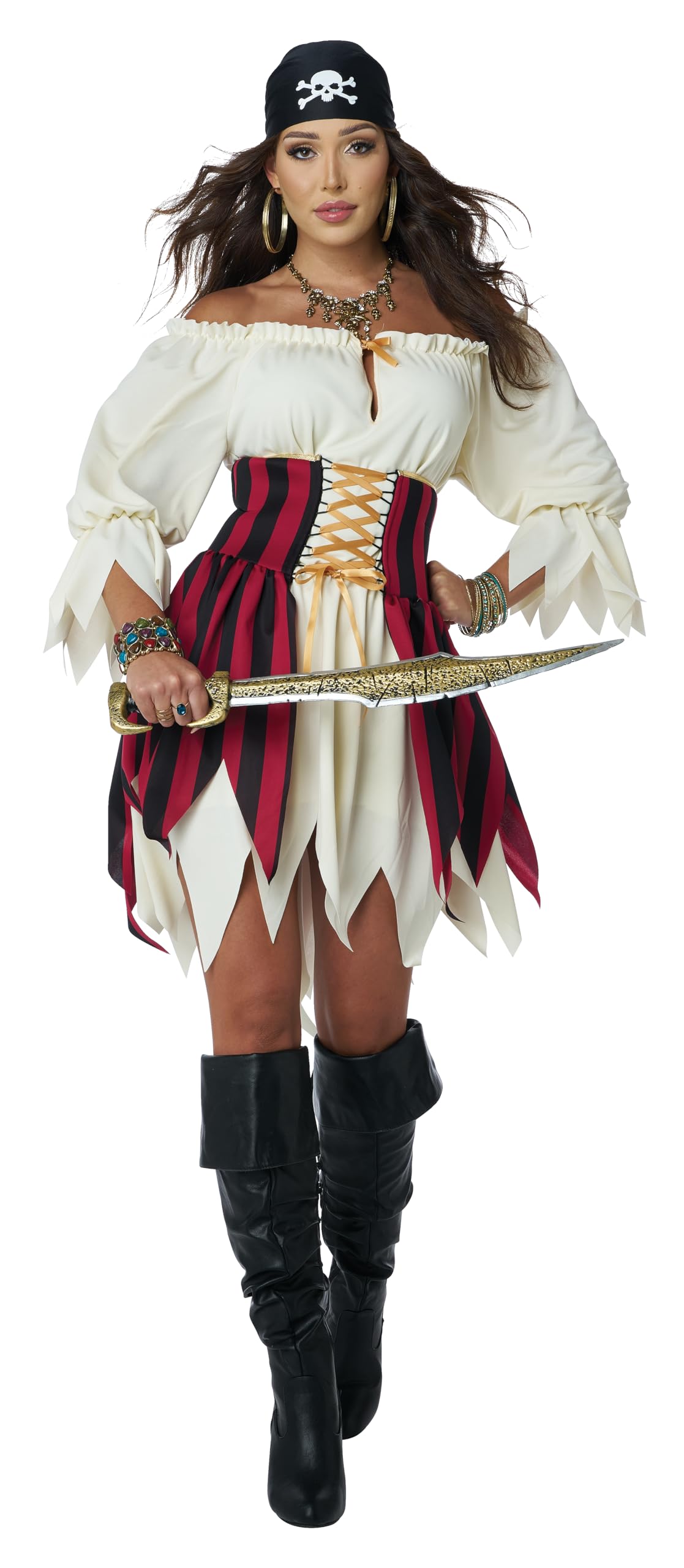 Women’s Sultry Sea Pirate Costume – Black, Red & Cream Renaissance Corset Dress with Bandana for Halloween & Parties