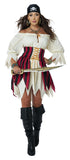 Women’s Sultry Sea Pirate Costume – Black, Red & Cream Renaissance Corset Dress with Bandana for Halloween & Parties
