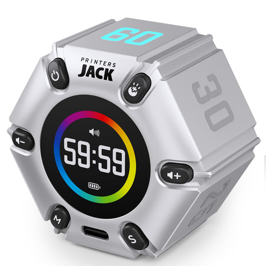JACK Pomodoro Timer Productivity Cube with Visual Display, 3-5-10-25-30-60 Min Presets, Mute/Vibration/Sound Alerts, Rechargeable Focus Timer for Office, Study & ADHD – Silver