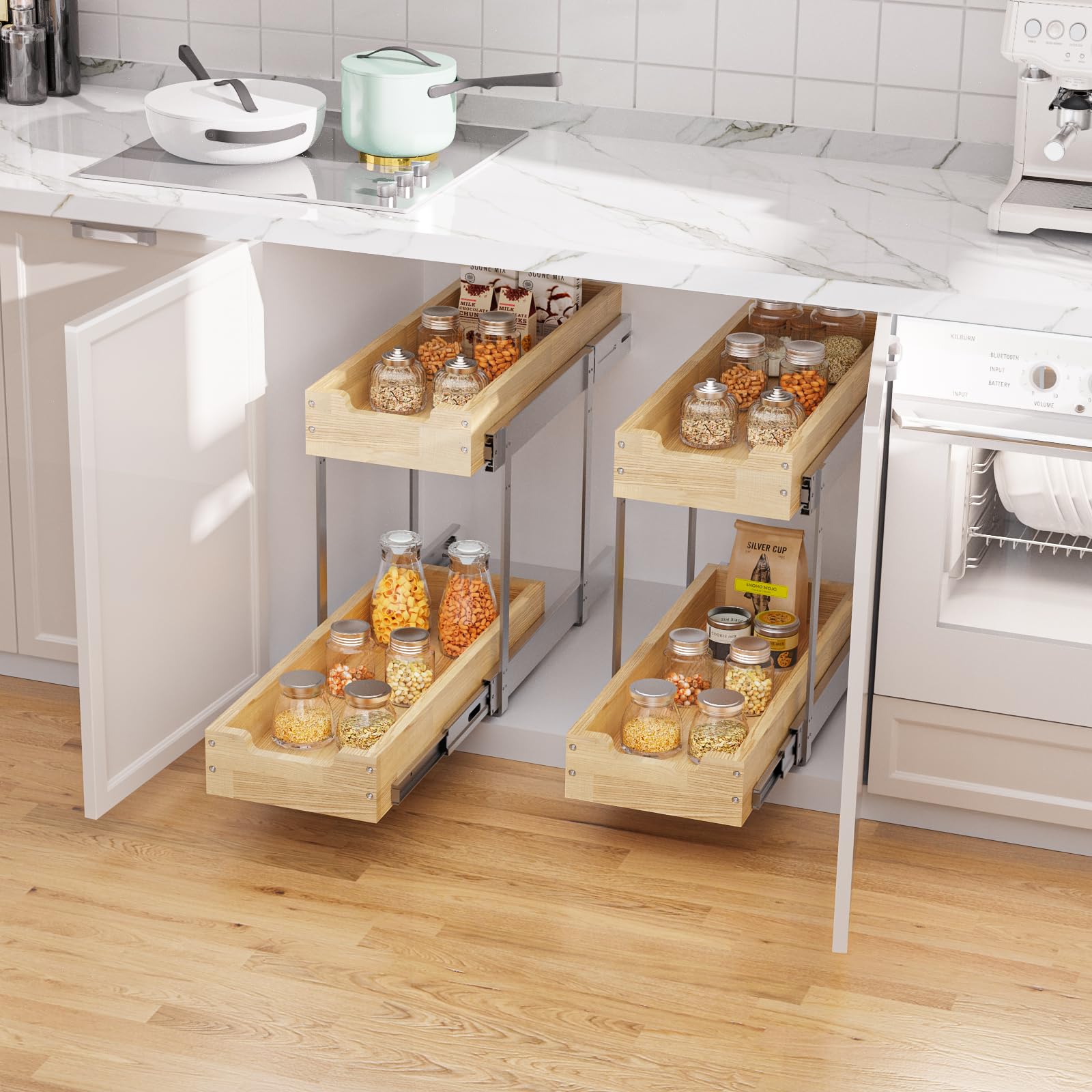 Heavy-Duty Solid Wood Pull-Out Cabinet Organizer – Adjustable 2-Tier Sliding Storage System