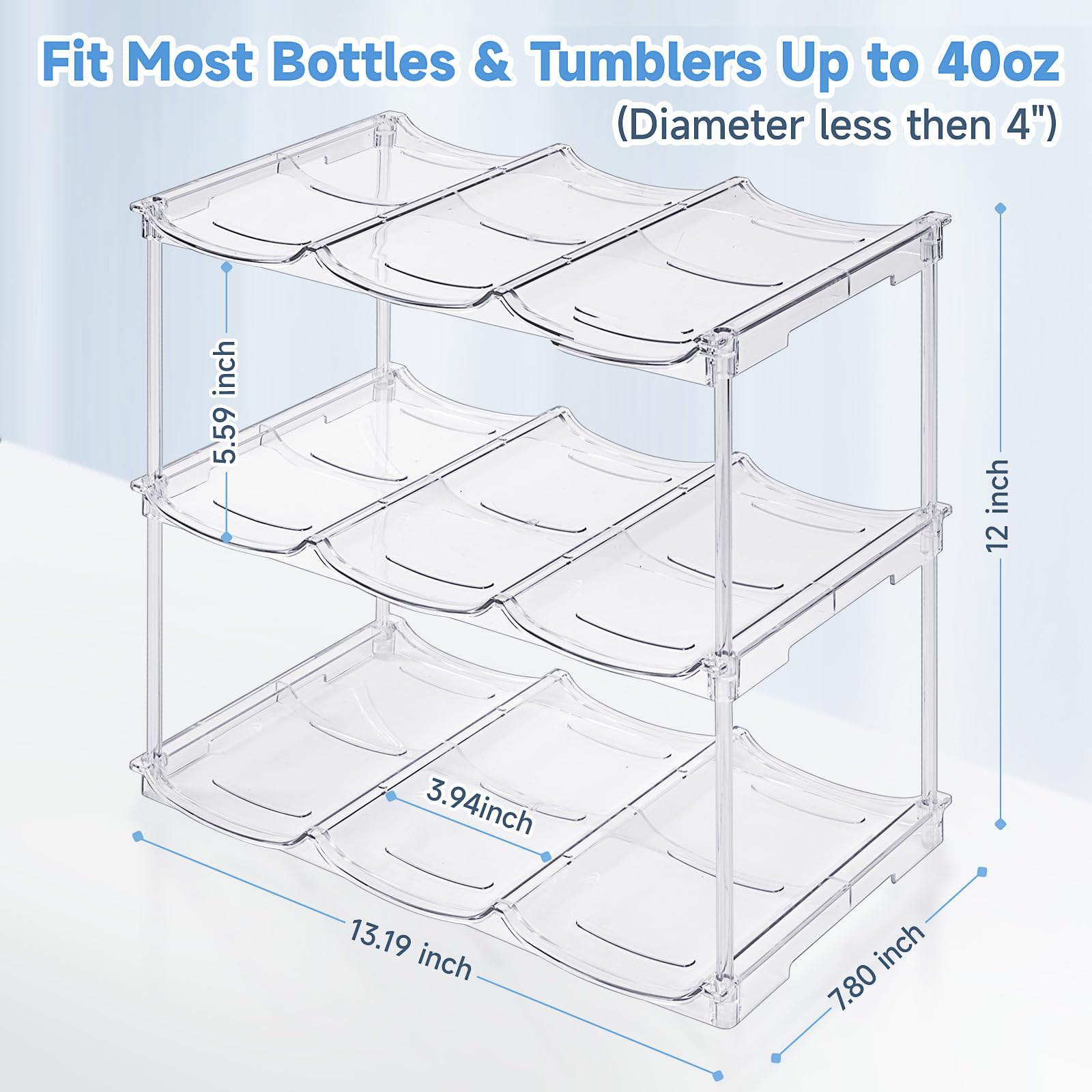 Stackable Water Bottle Organizer (3-Pack) – Clear Storage Rack for 40 oz Tumblers, Cabinets & Pantries