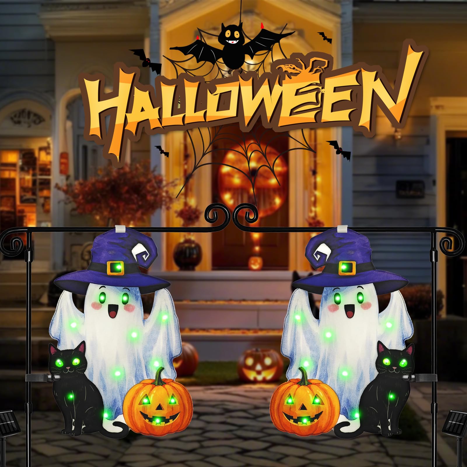 Solar Lighted Halloween Garden Flag – 12x18" Double-Sided Ghost Design in Green with 8 LED Lighting Modes