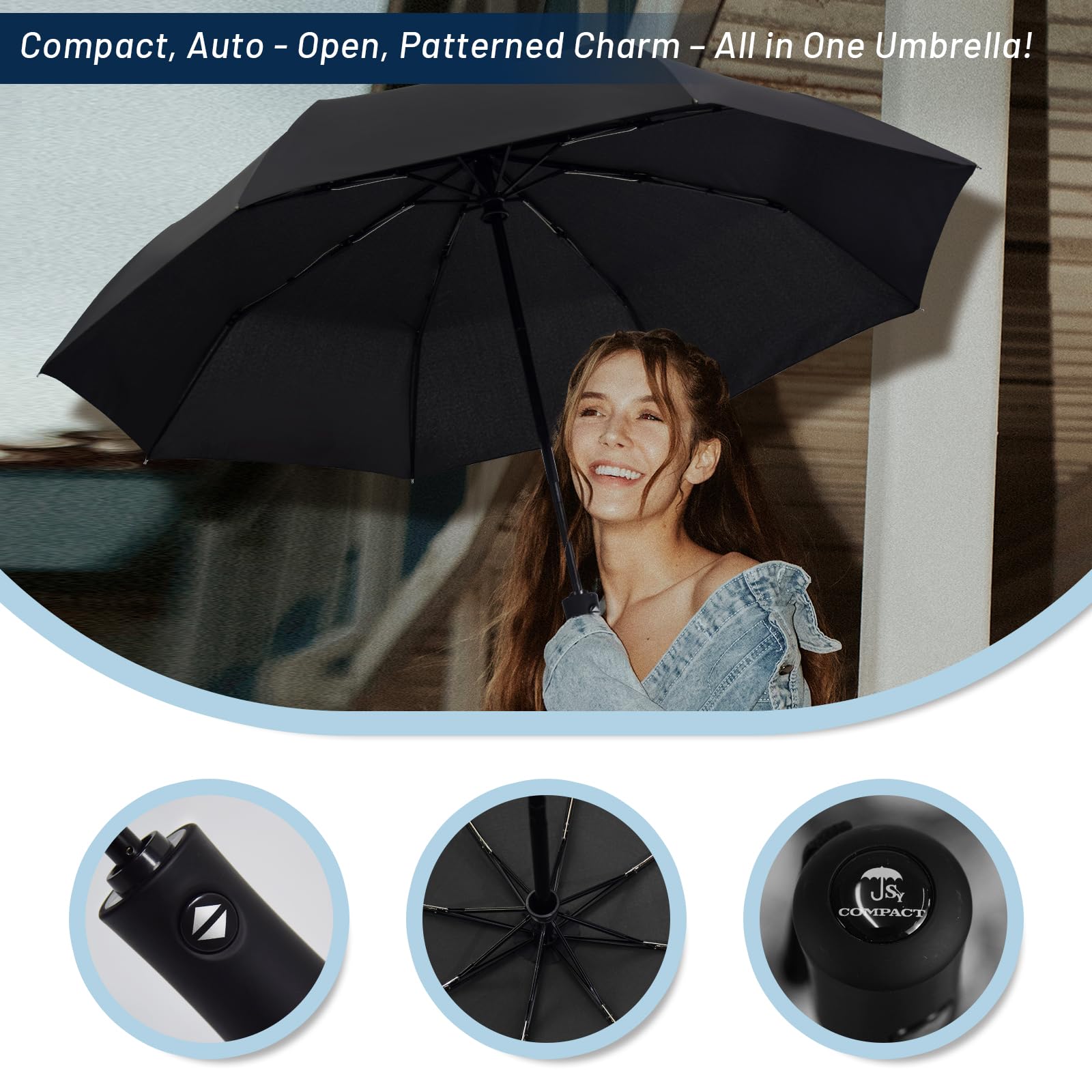 Compact Automatic Windproof Travel Umbrella – Waterproof UV Protection Folding Umbrella (Black)